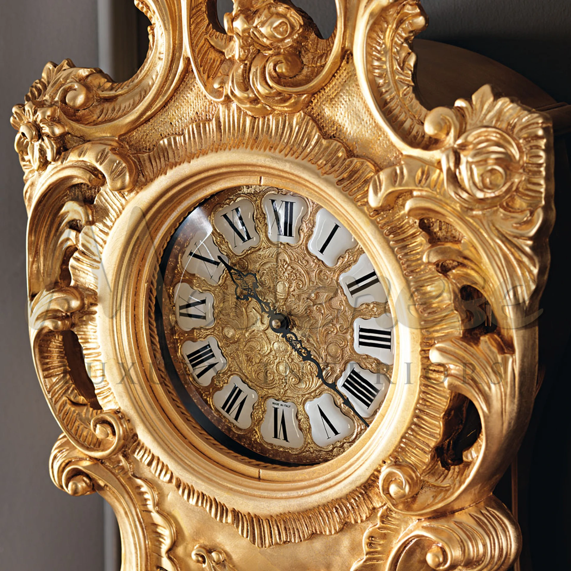 Sumptuous decorative Gold Grandfather Clock in traditional baroque style