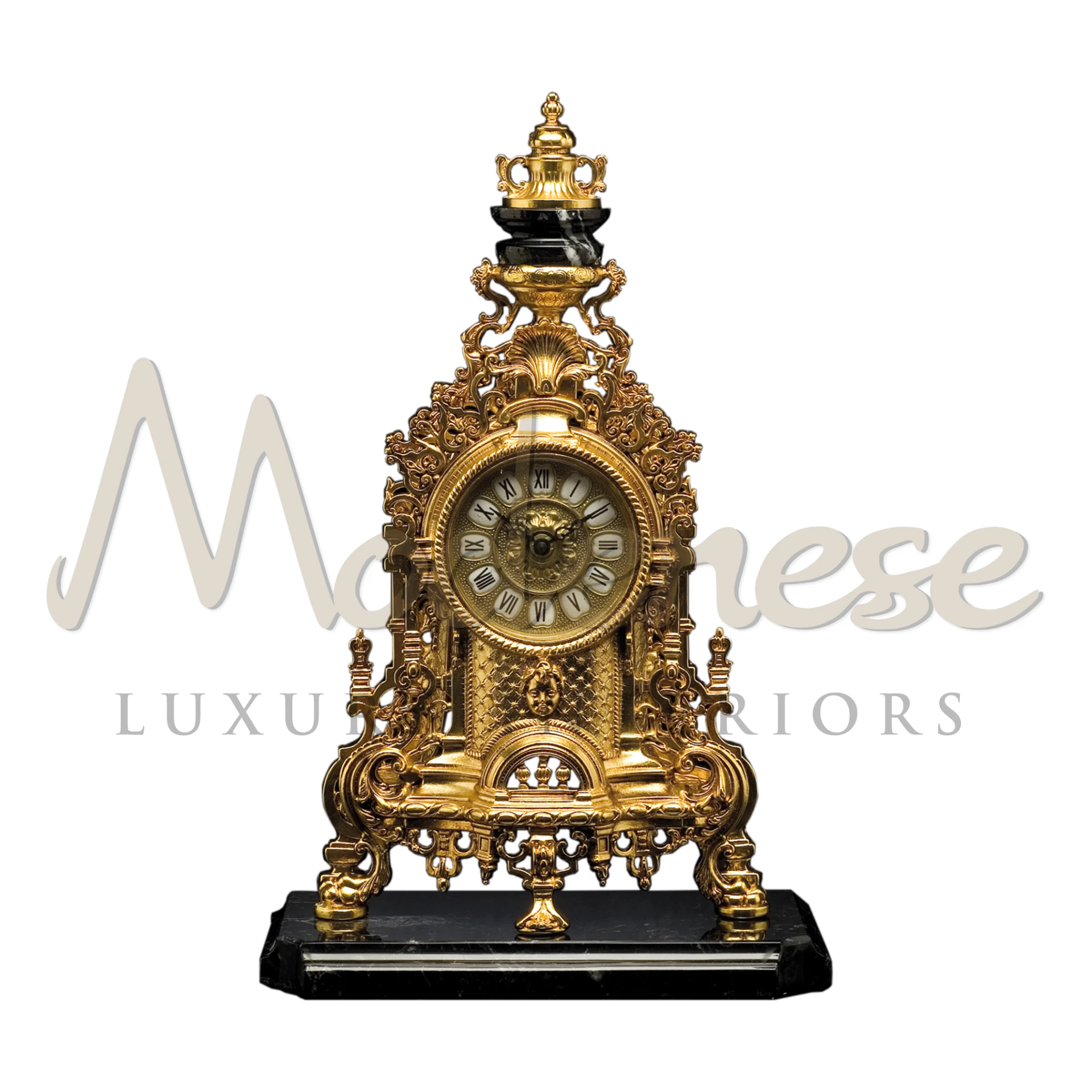 Elite Clock with gold finishing on a Nero Marquina marble base by Modenese
