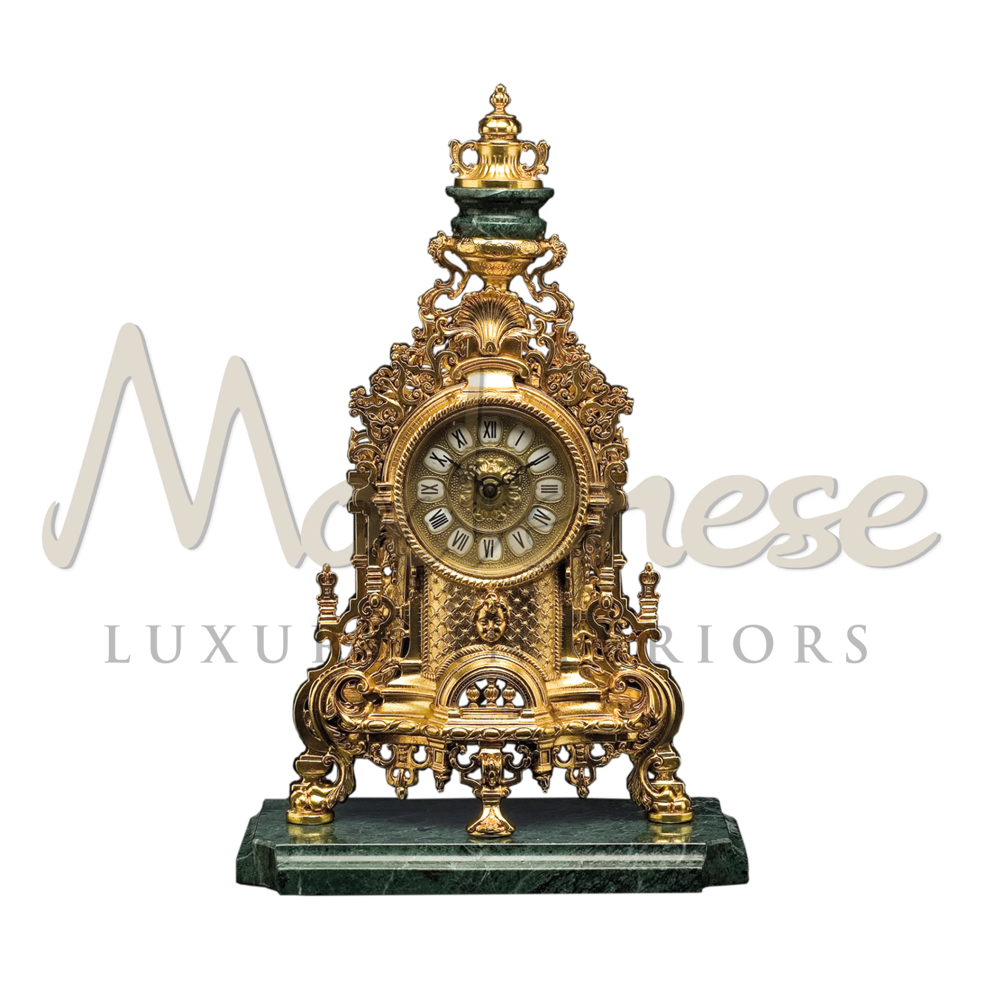 High-end Elite Clock in gold finish with Verde Alpi marble, by Modenese Furniture
