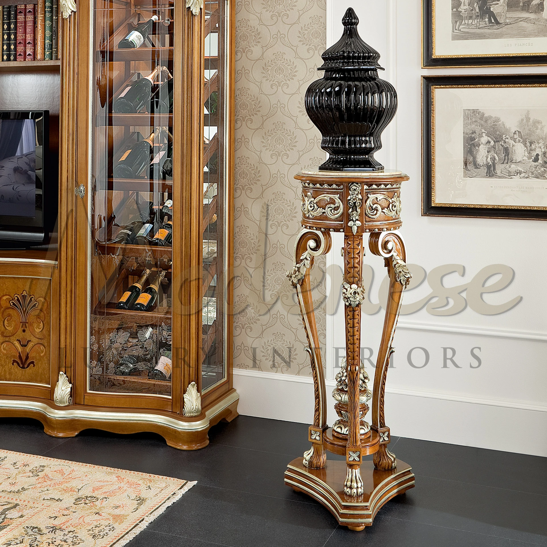Victorian Column Vase Stand with Bright Gold Leaf and Marble Top
