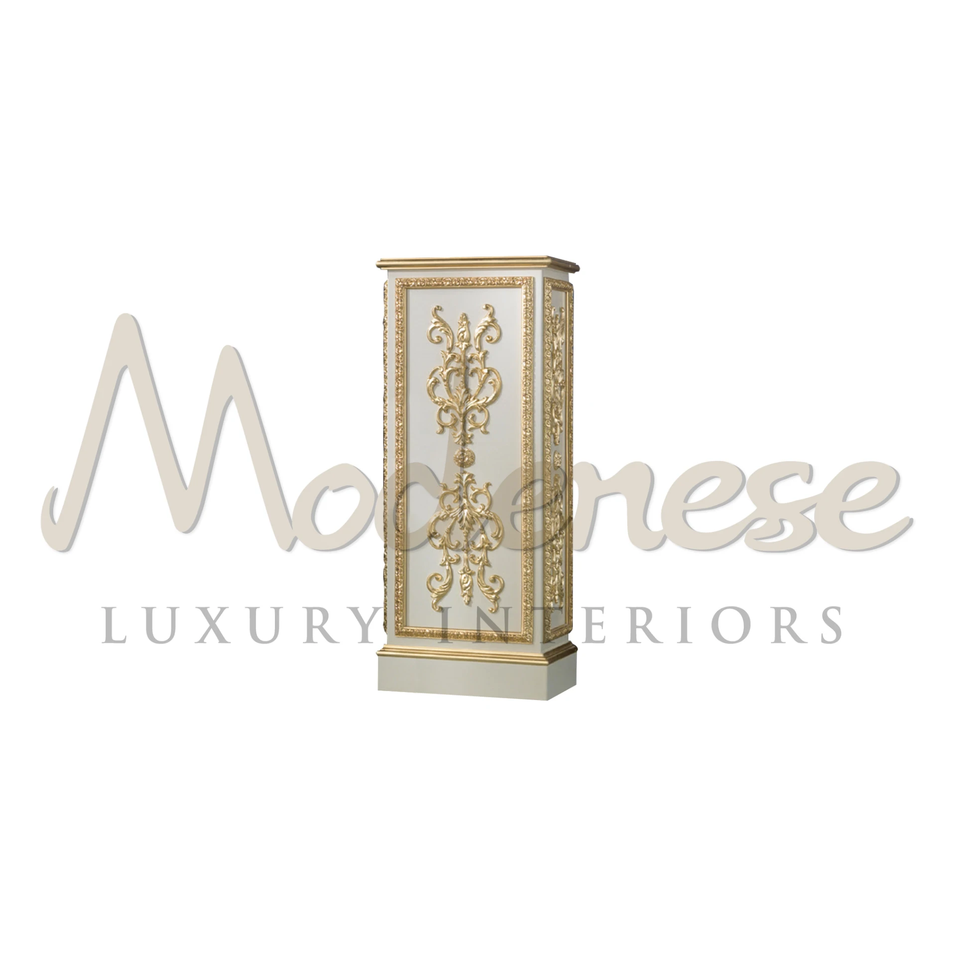 Classical Column Stand in Ivory Lacquer with Gold Leaf Details by Modenese
