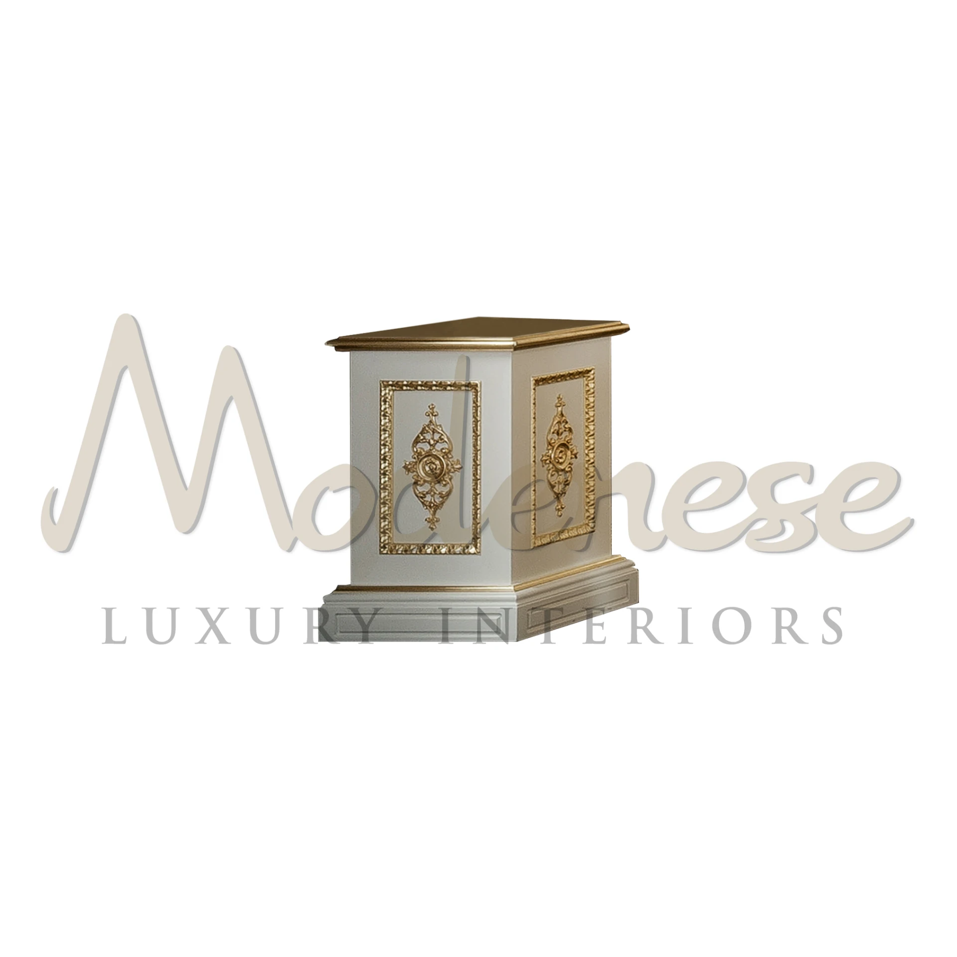 Box Column Stand in Ivory Lacquer with Gold Leaf Details by Modenese

