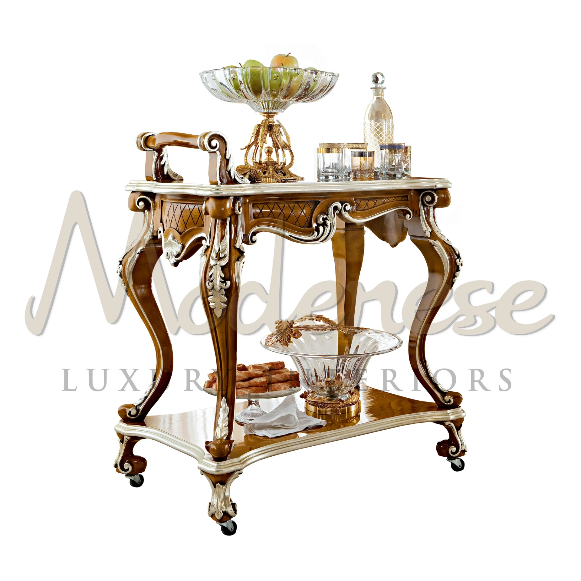 Luxury Palatial Tea Cart by Modenese with Light Walnut and Silver Leaf Details

