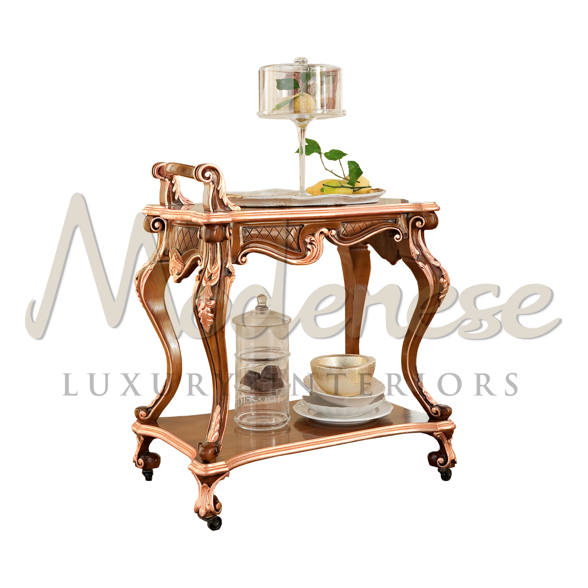 Elegance Tea Cart in Cherry Wood with Copper Leaf Detailing by Modenese
