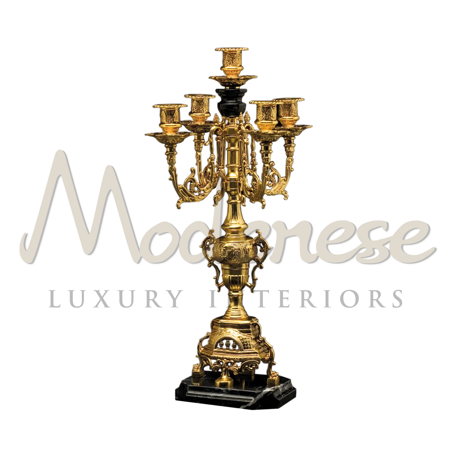 Royal Regency Candelabra with Gold Finish and Nero Marquinia Marble Base