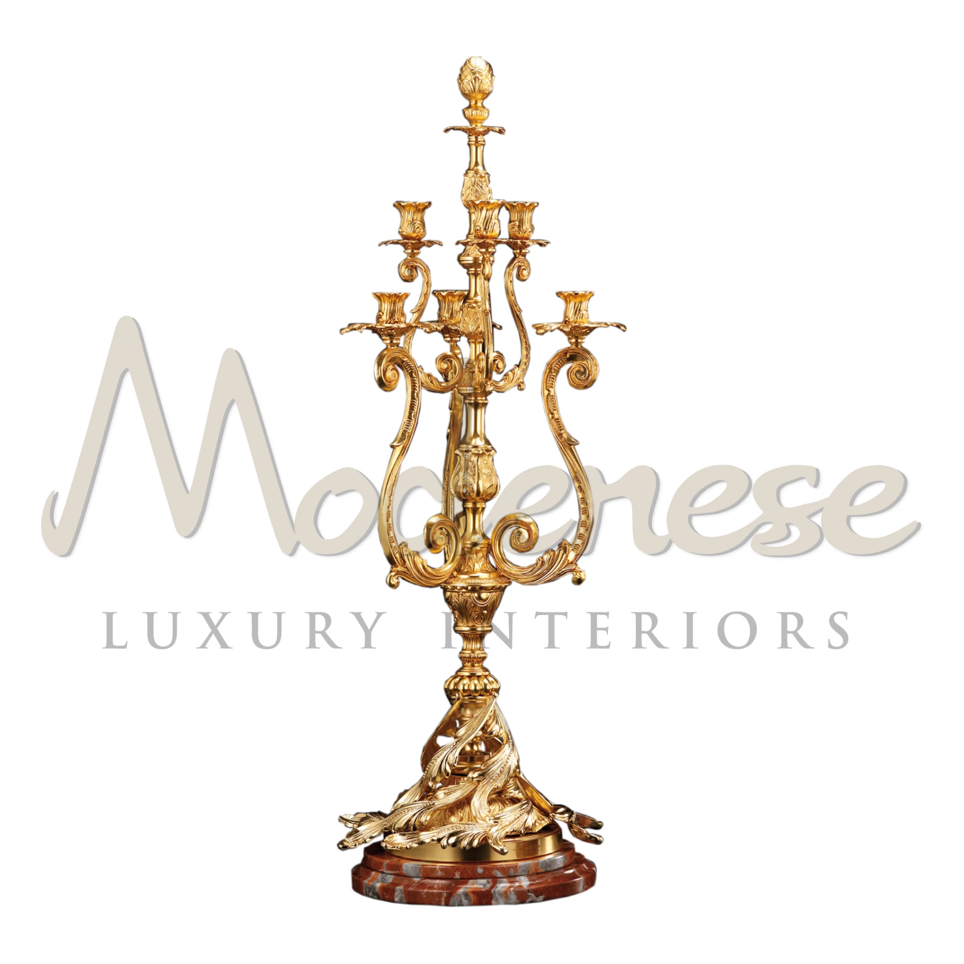 Venetian Candelabra with Gold Leaf Finishing and Rosso Francia Marble Base
