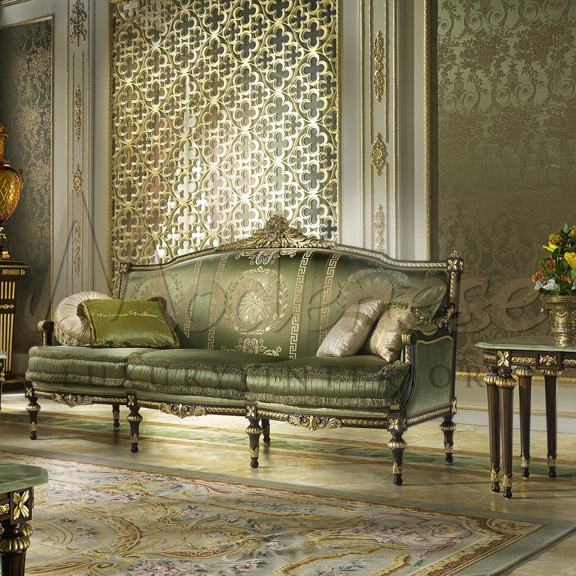 Classic Green Victorian Sofa: Elegance in Damask Upholstery