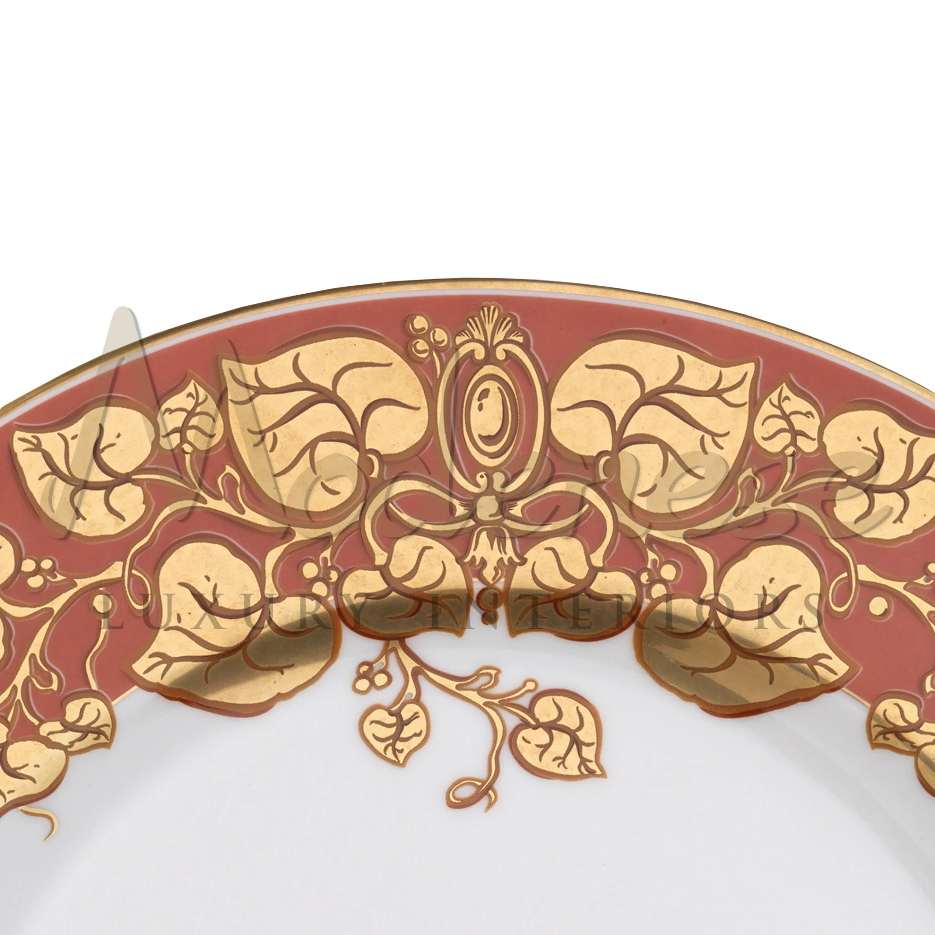 A detailed, ornate golden design on a red background, resembling a symmetrical pattern with floral and leaf motifs.