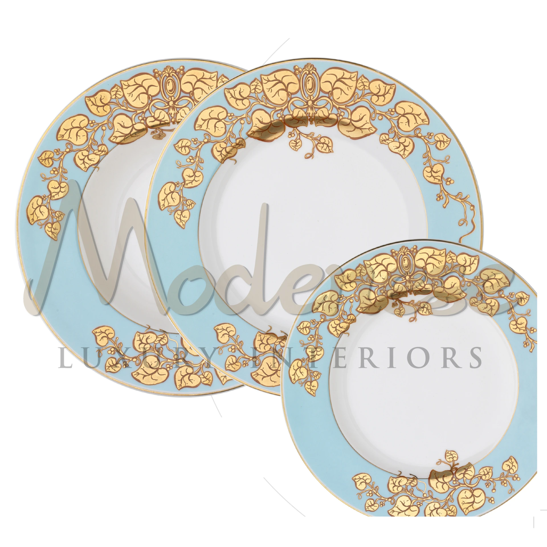 Three decorative plates with Turqouise borders and sophisticated golden designs