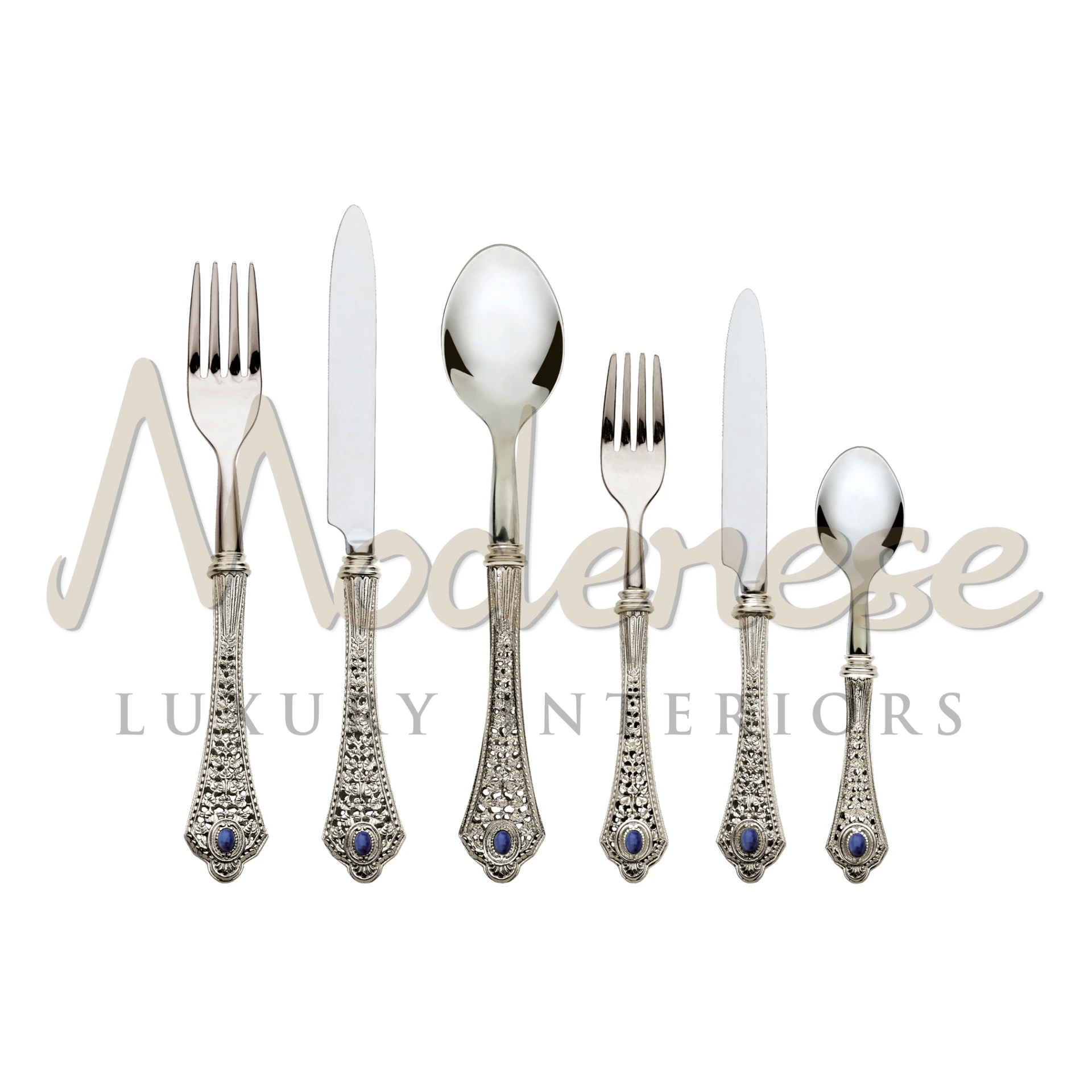 Silver & Inox' cutlery set with embellished handles with blue gemstone