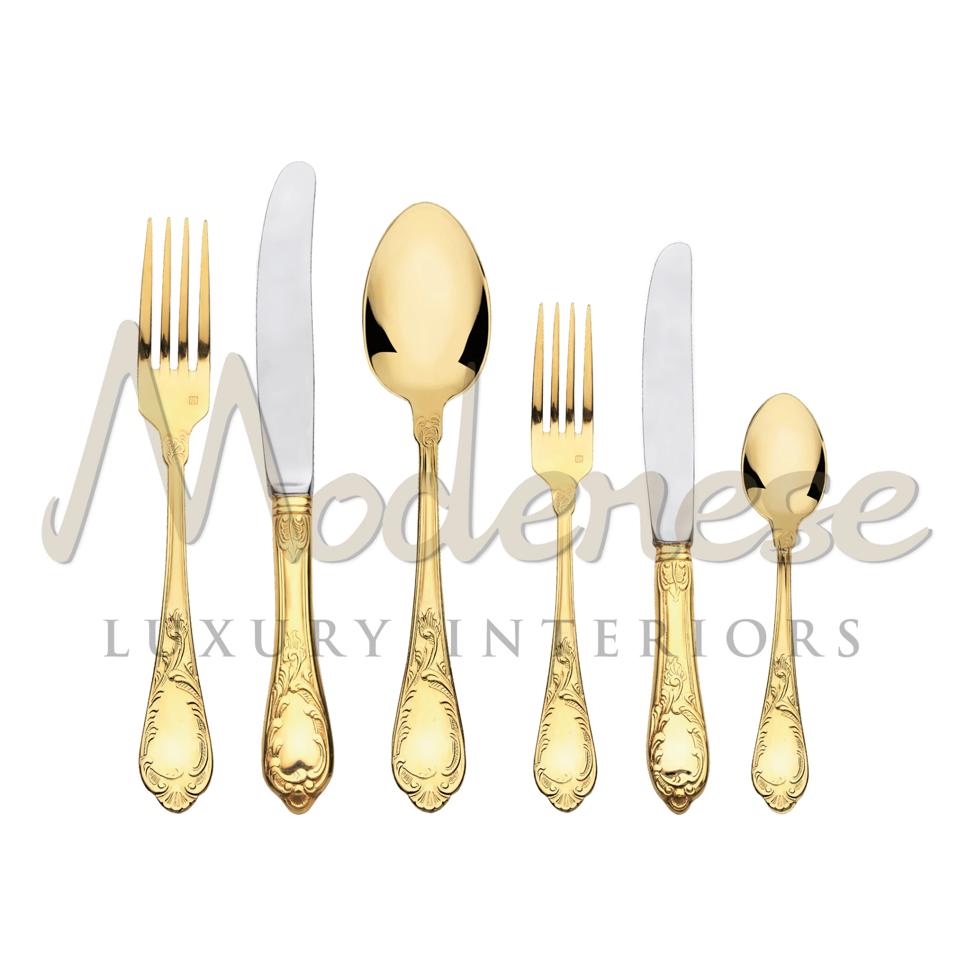 The Luxurious 'Inox & Gold' cutlery set with glossy golden finish and decorated handles