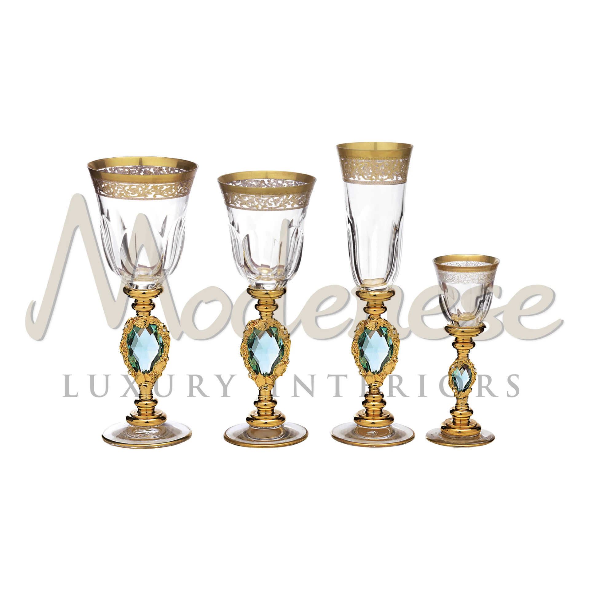 Luxurious 'Light Blue Crystal' glassware collection with gold accents and light blue gemstone