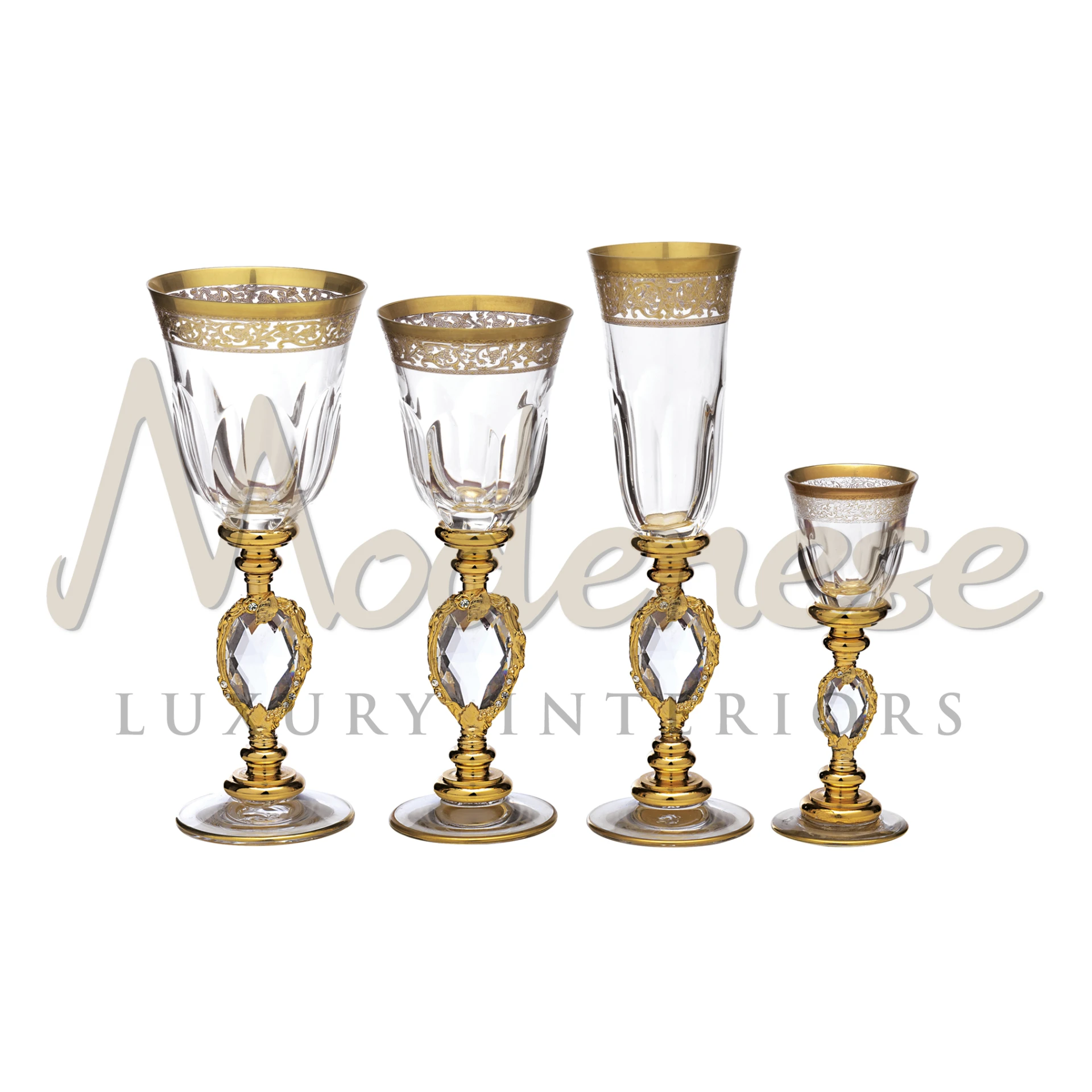 The 'Clear Crystal' glassware collection with elegant gold trim and transparent gemstones,