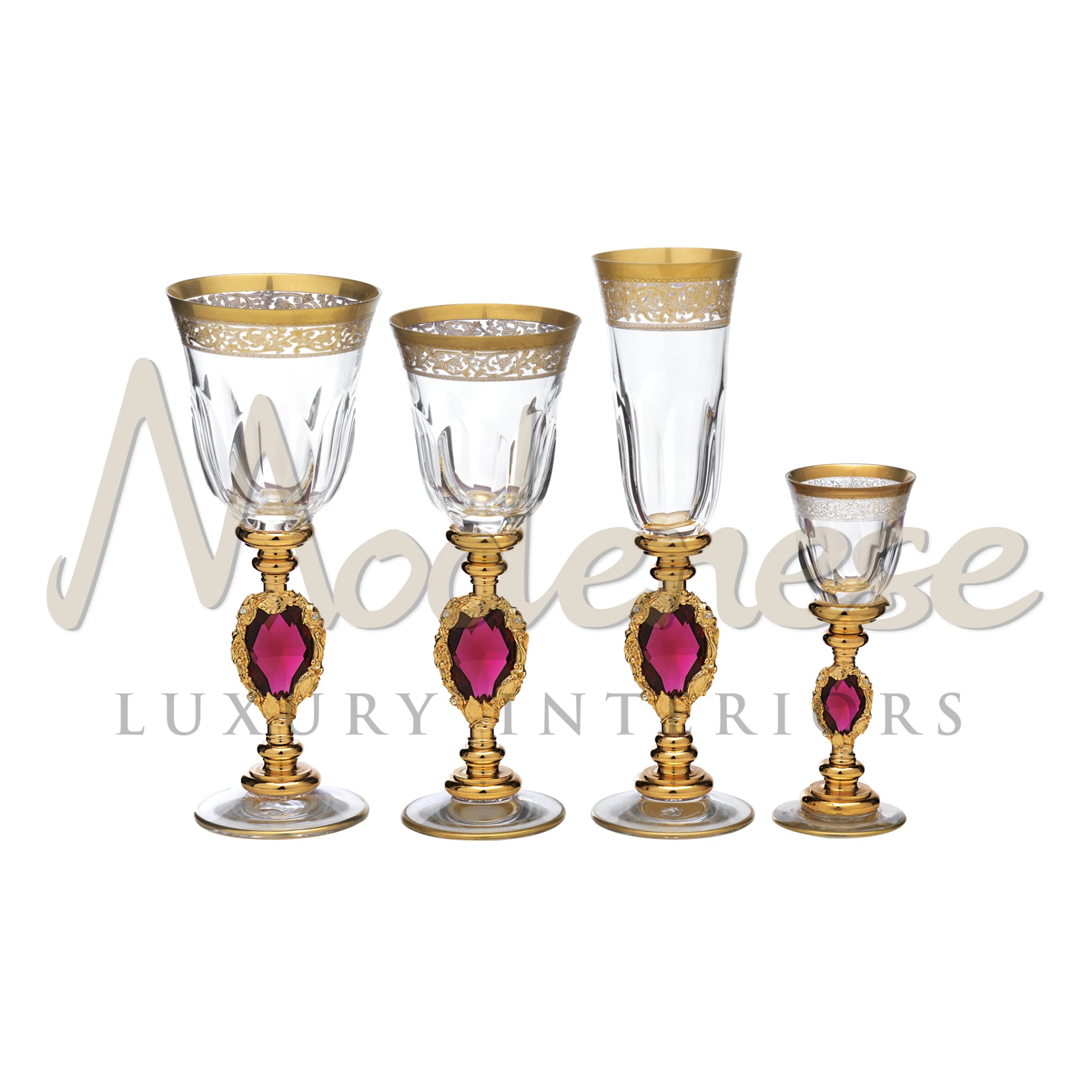 Luxury 'Ruby Crystal' glassware collection with gold accents and rich ruby gemstone