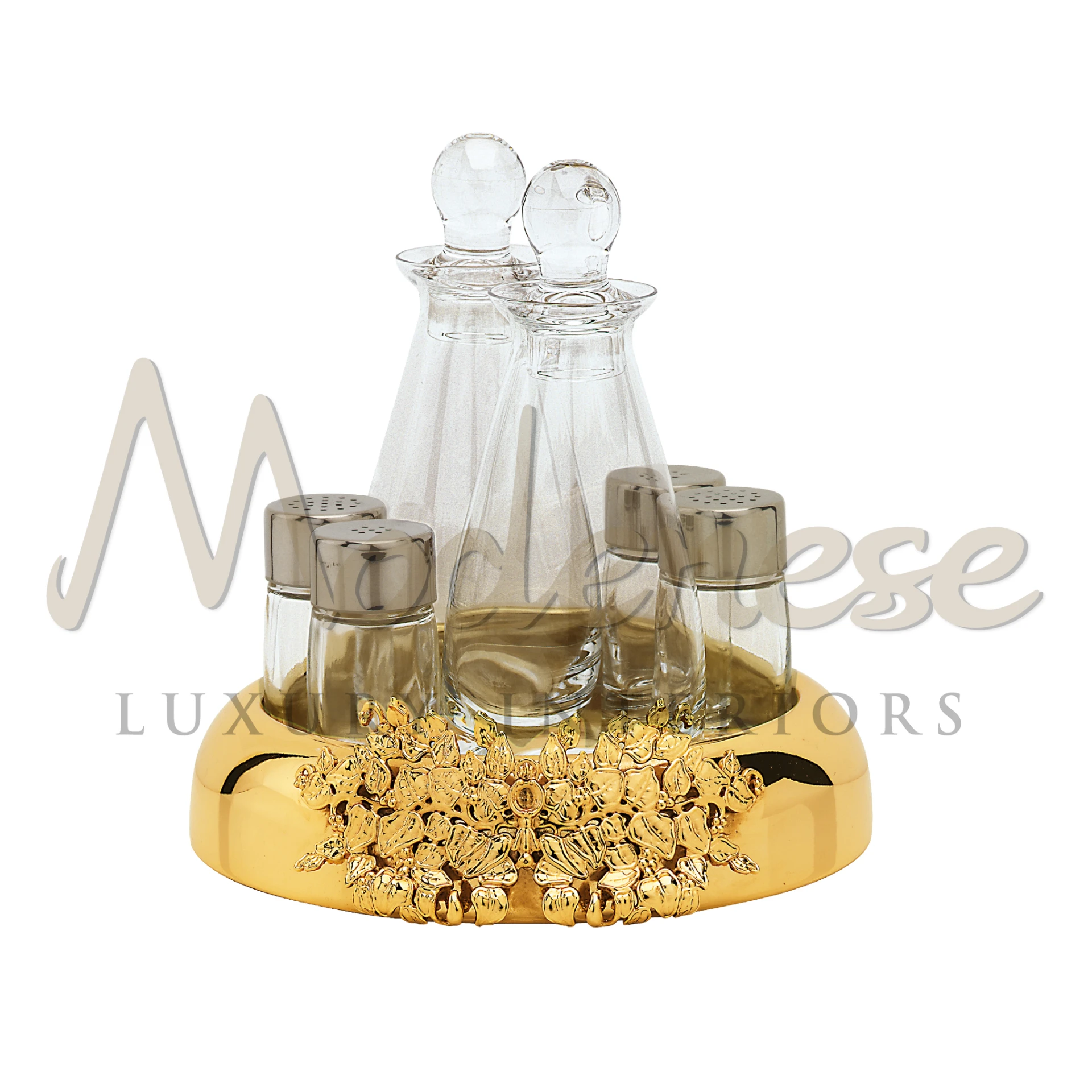 Elegant Bronze table set on a golden tray with intricate floral designs.