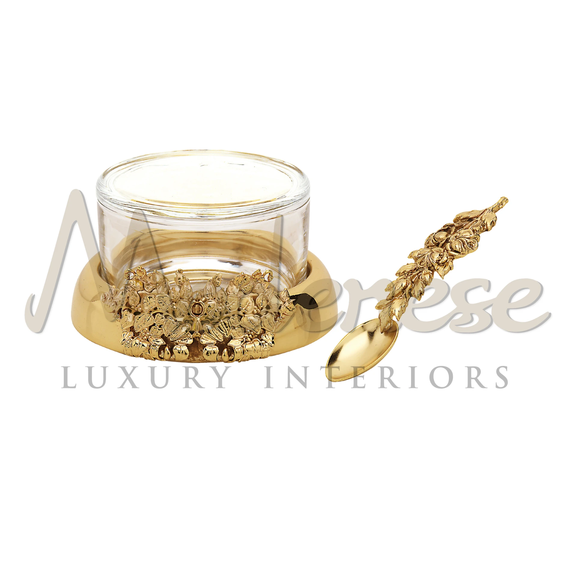 Luxury cheese bowl with gold floral detailing and a matching gold spoon 