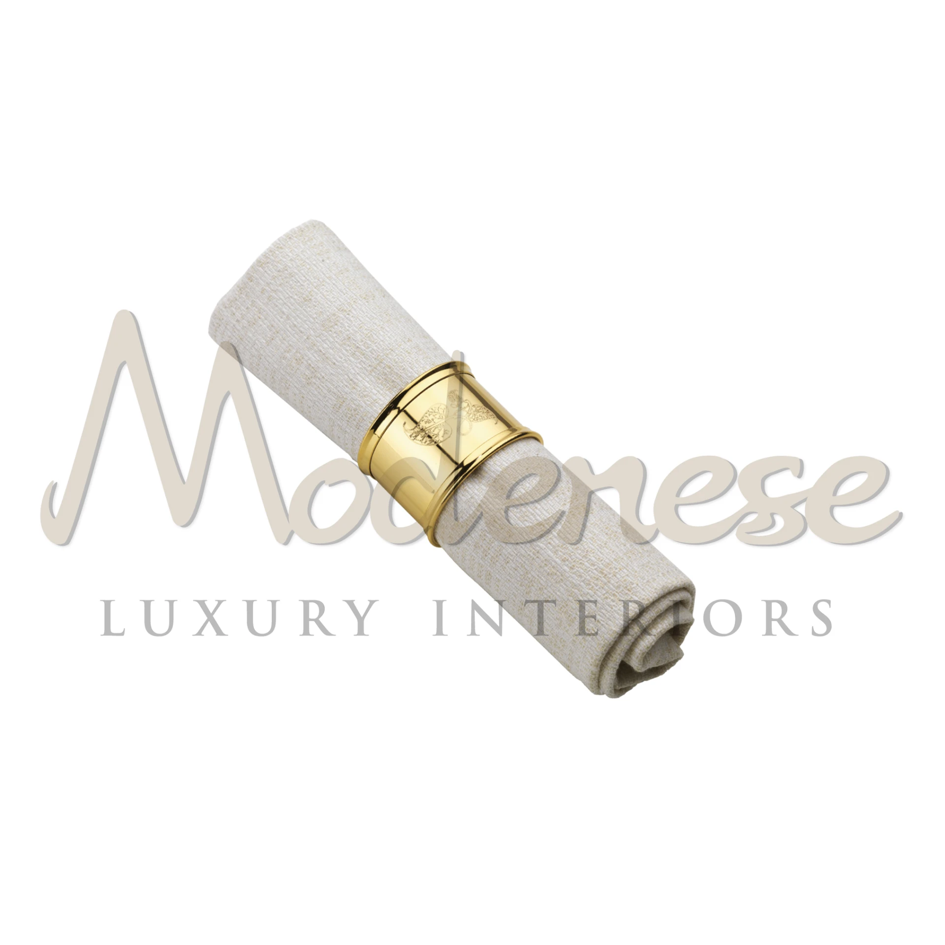 The 'Classy Napkin Holder' by Modenese, showcasing a golden ring on a rolled napkin.