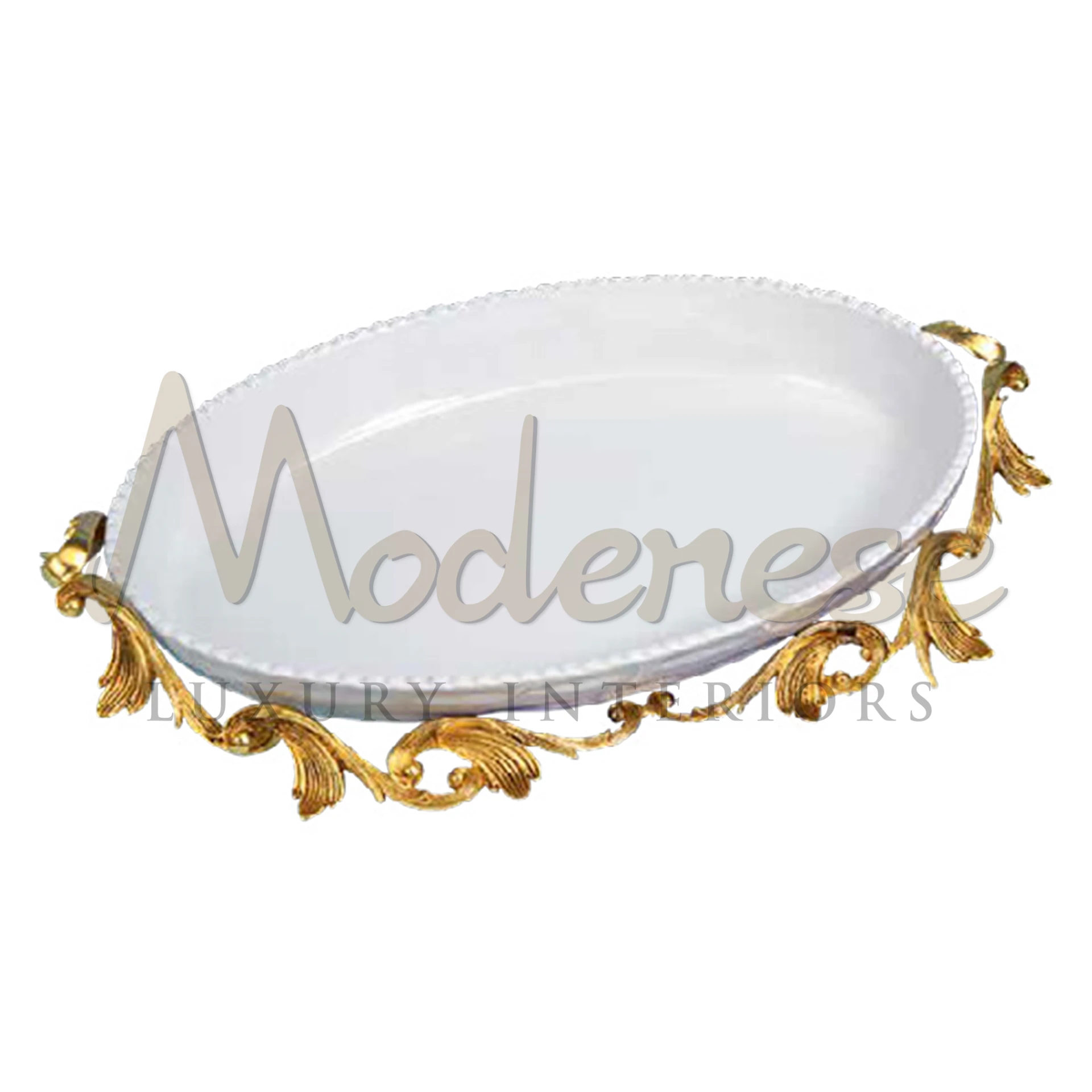 White oval serving plate with gold-colored handles