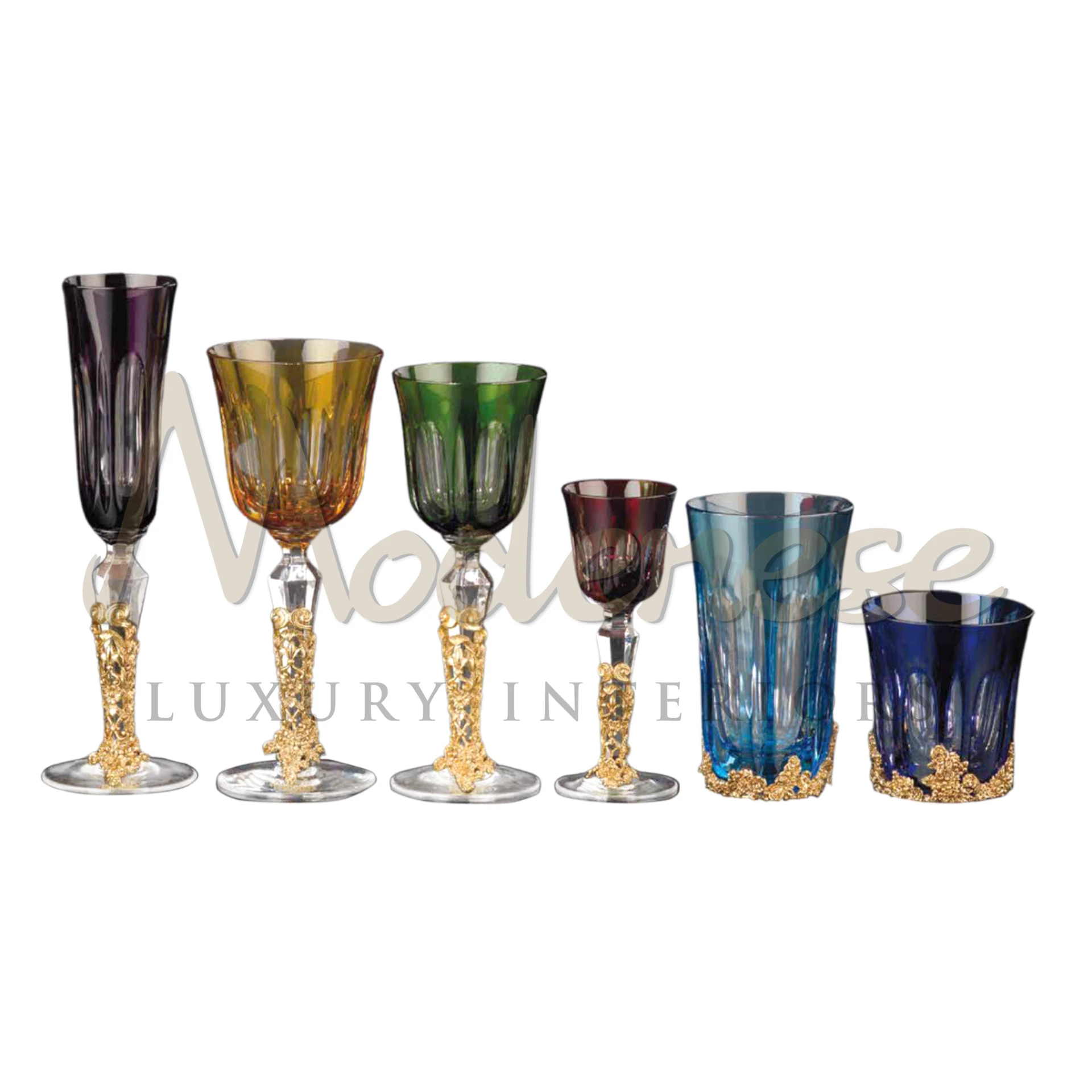 A collection of Royal Glasses Set in various colors and sizes