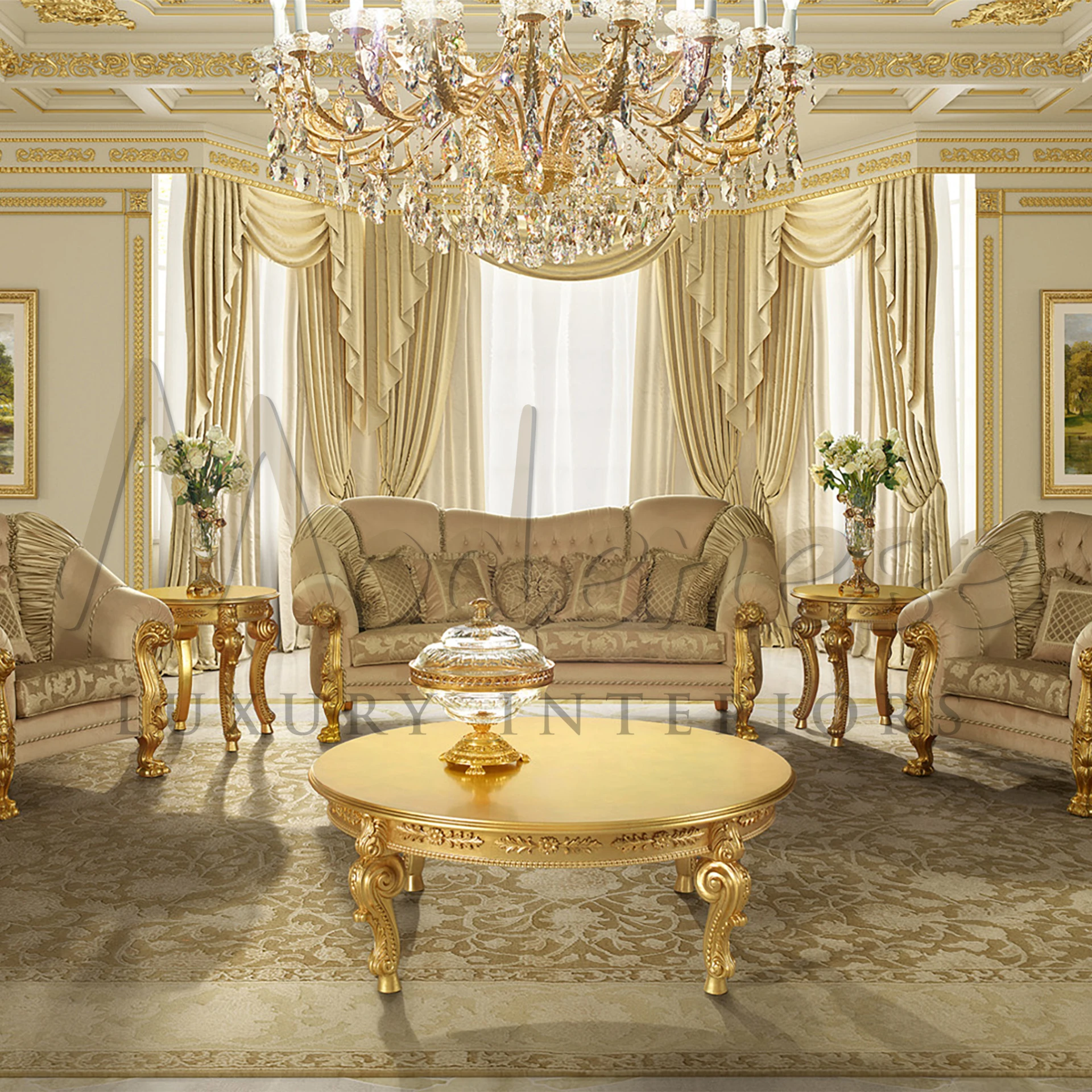 Luxurious Gilded Sofa: Timeless Beauty in Golden Beige Fabric Upholstery