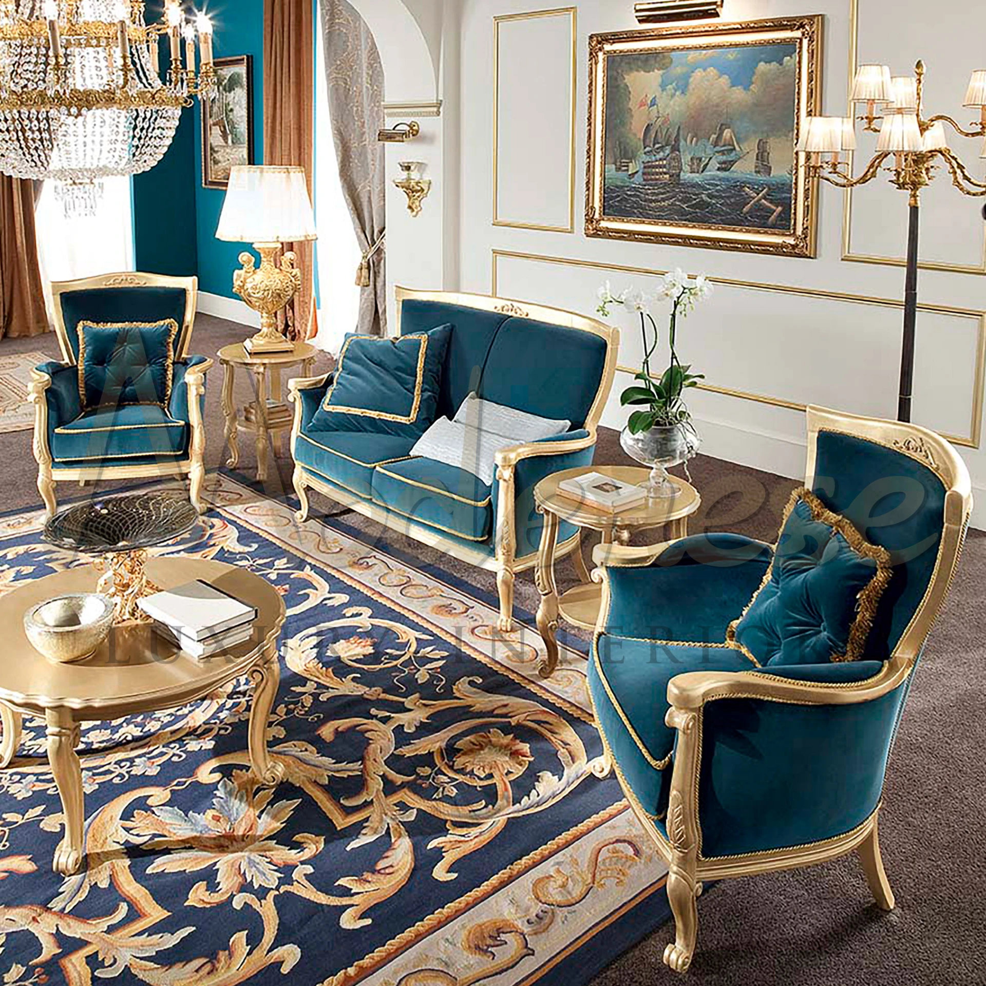 Classically Designed Italian Home Blue Gold Furniture