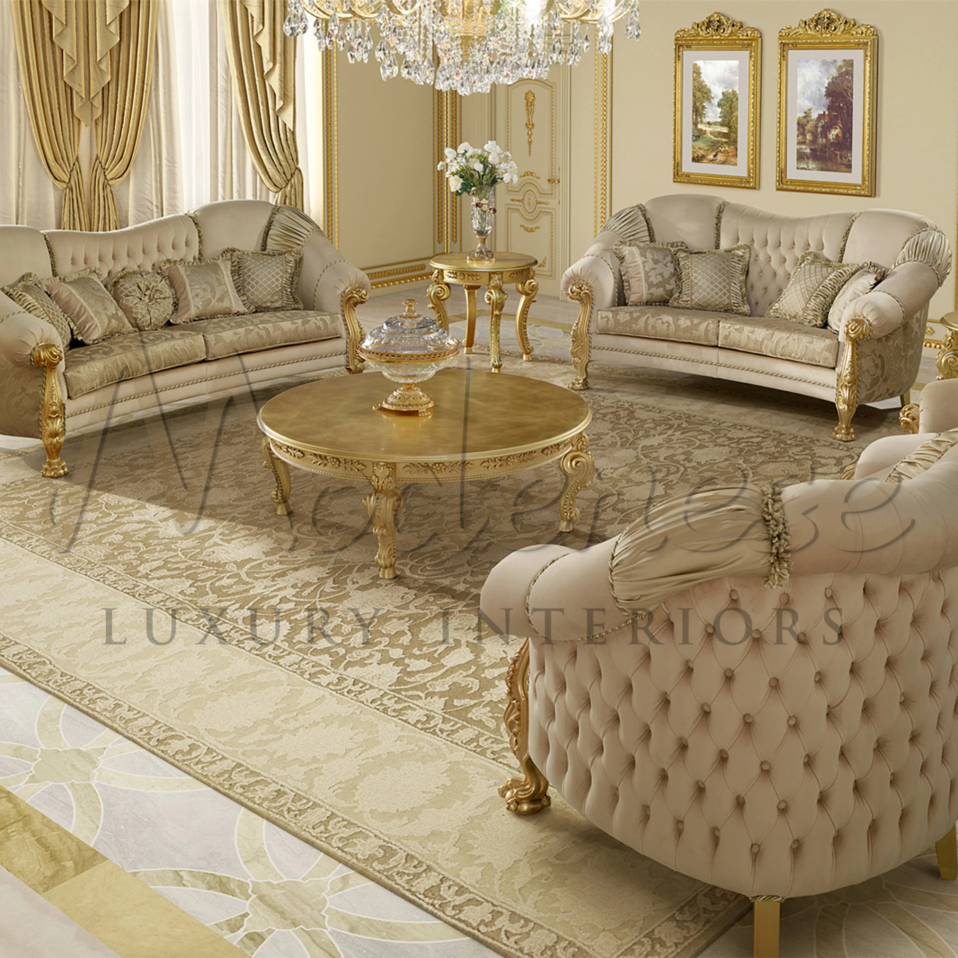 Gilded Sofa with Golden Beige Fabric: Elegance Redefined for Modern Living