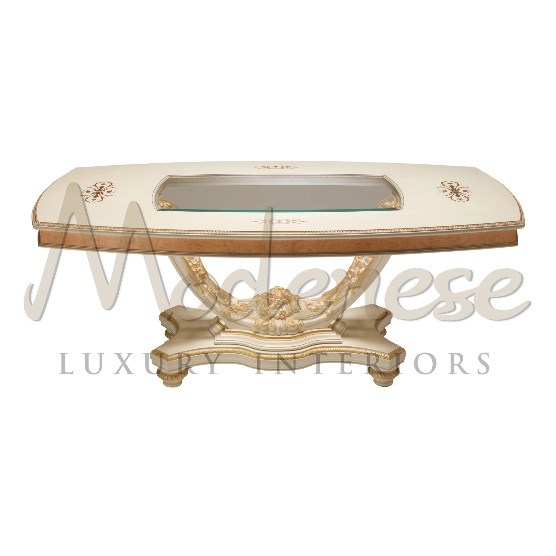 Luxurious French rectangular dining table with glass top and carved details