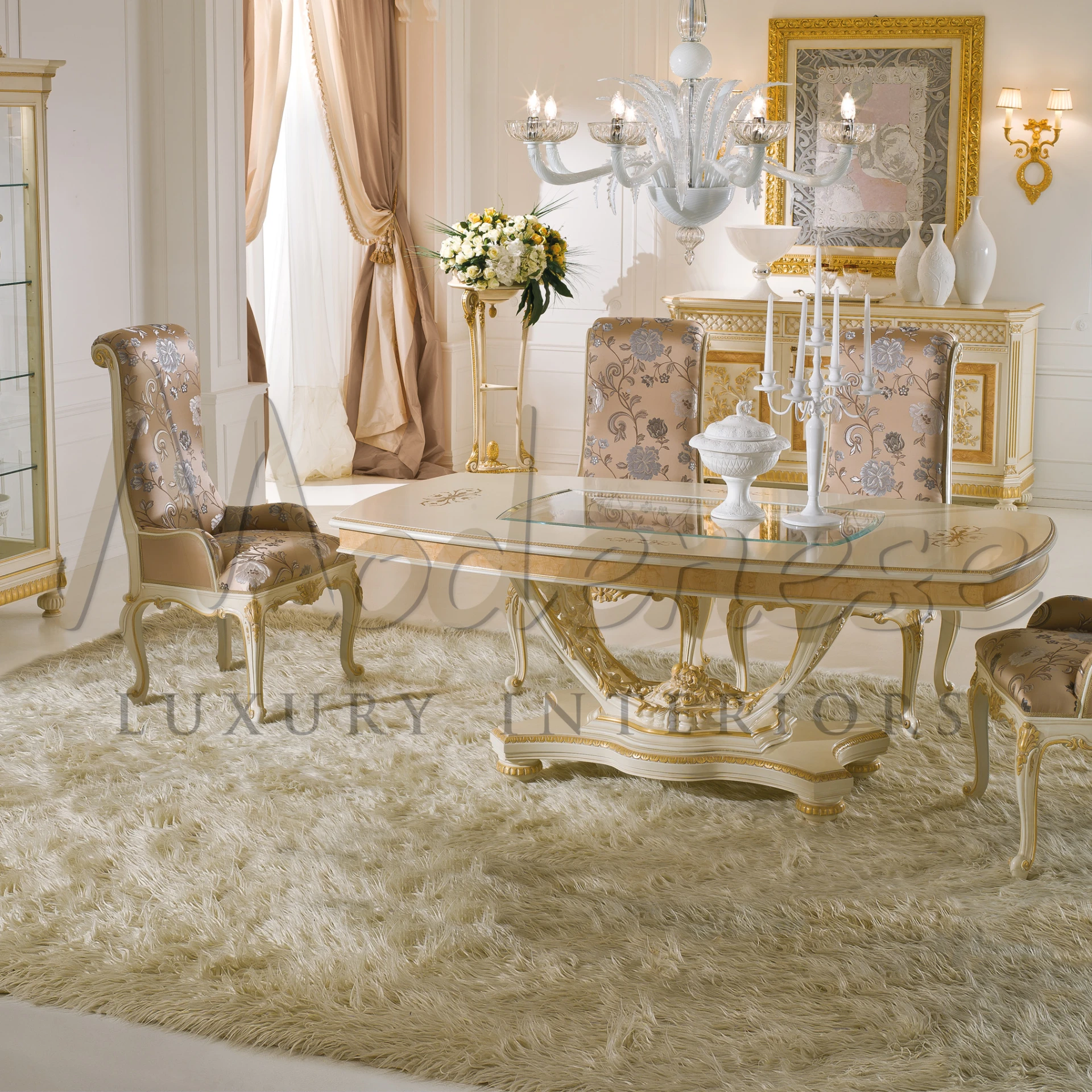 French Rectangular Dining Table with opulent gold accent