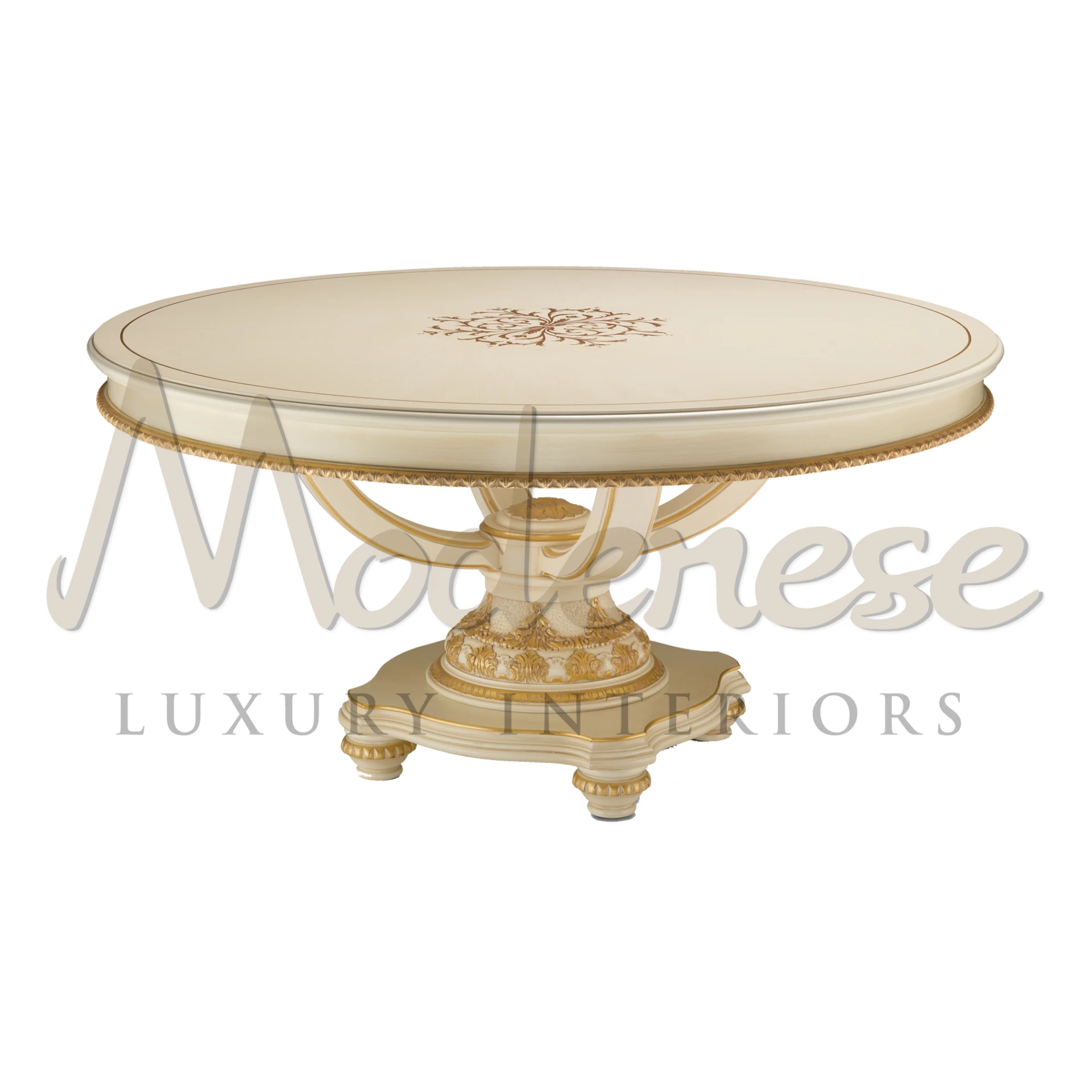 Renaissance round dining table with fancy carvings, by Modenese Luxury Furniture.