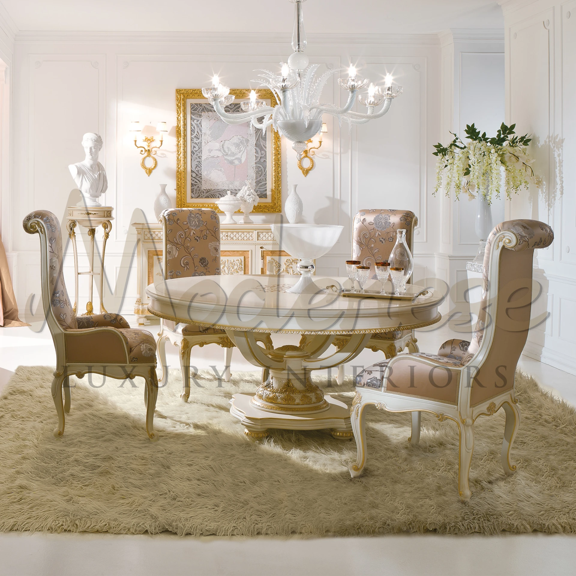 A display of luxury interior design with detailed furniture and opulent lighting.