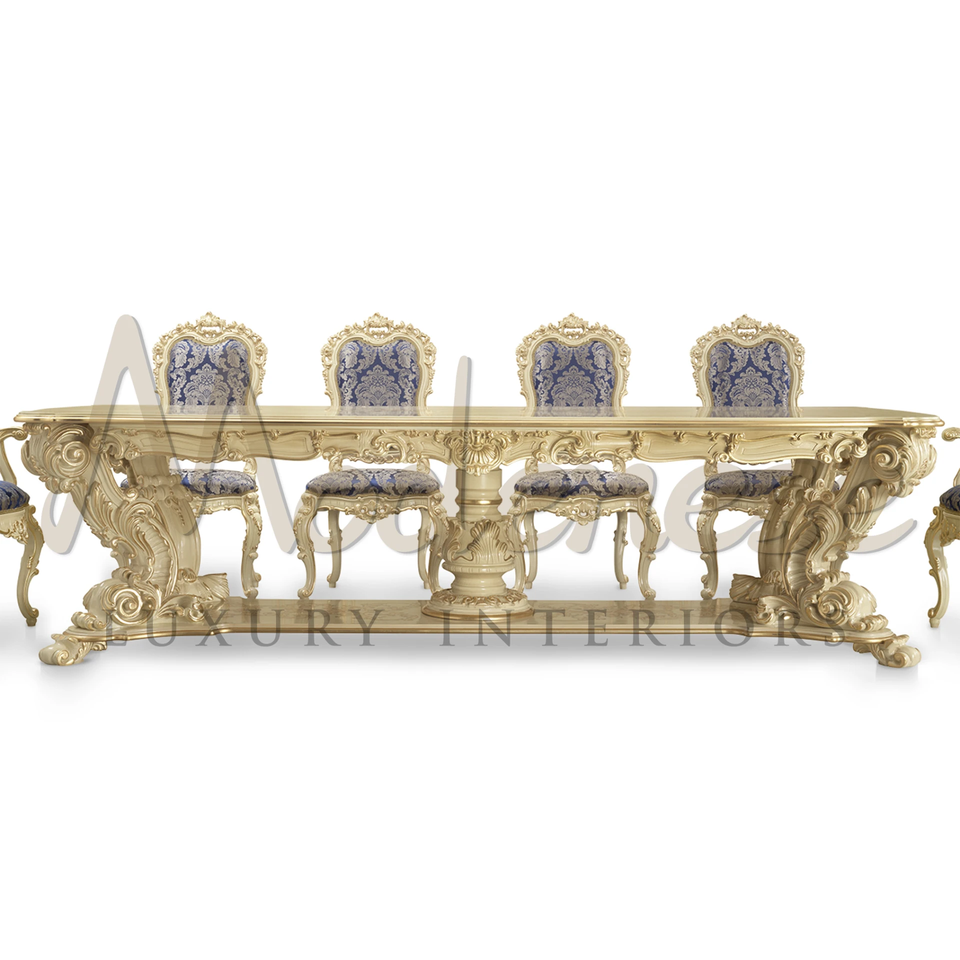 Luxurious Gold Leaf Carved Wood Dining Table with matching ornate chairs