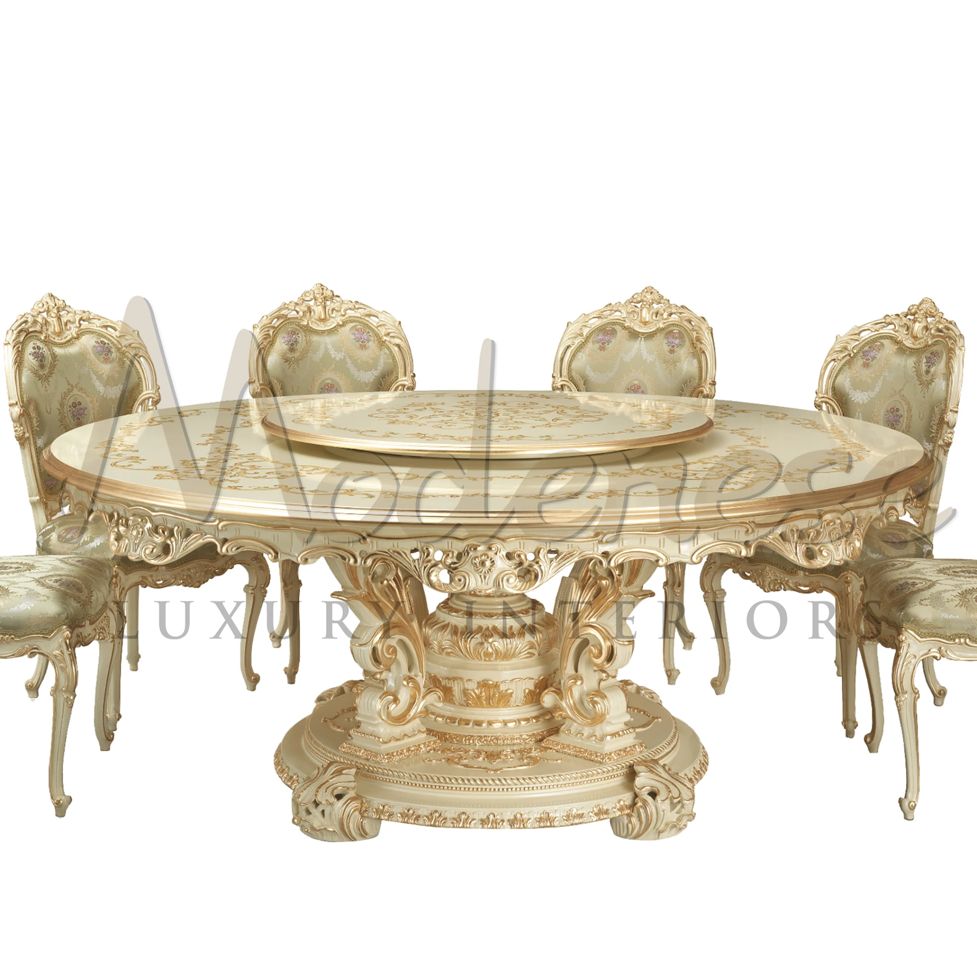 Lovely Victorian Style Round Dining table by Modenese Luxury Furniture with luxury chairs.