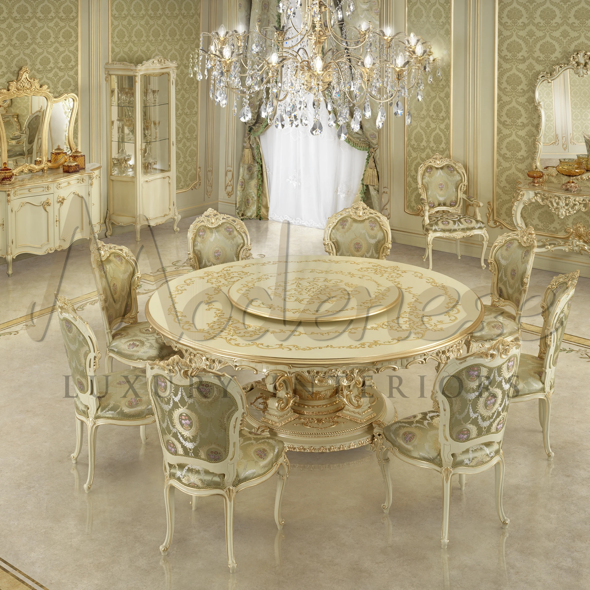 Classic living room furniture, including a vanity with a gilded mirror, dining set, and two glass cabinets.