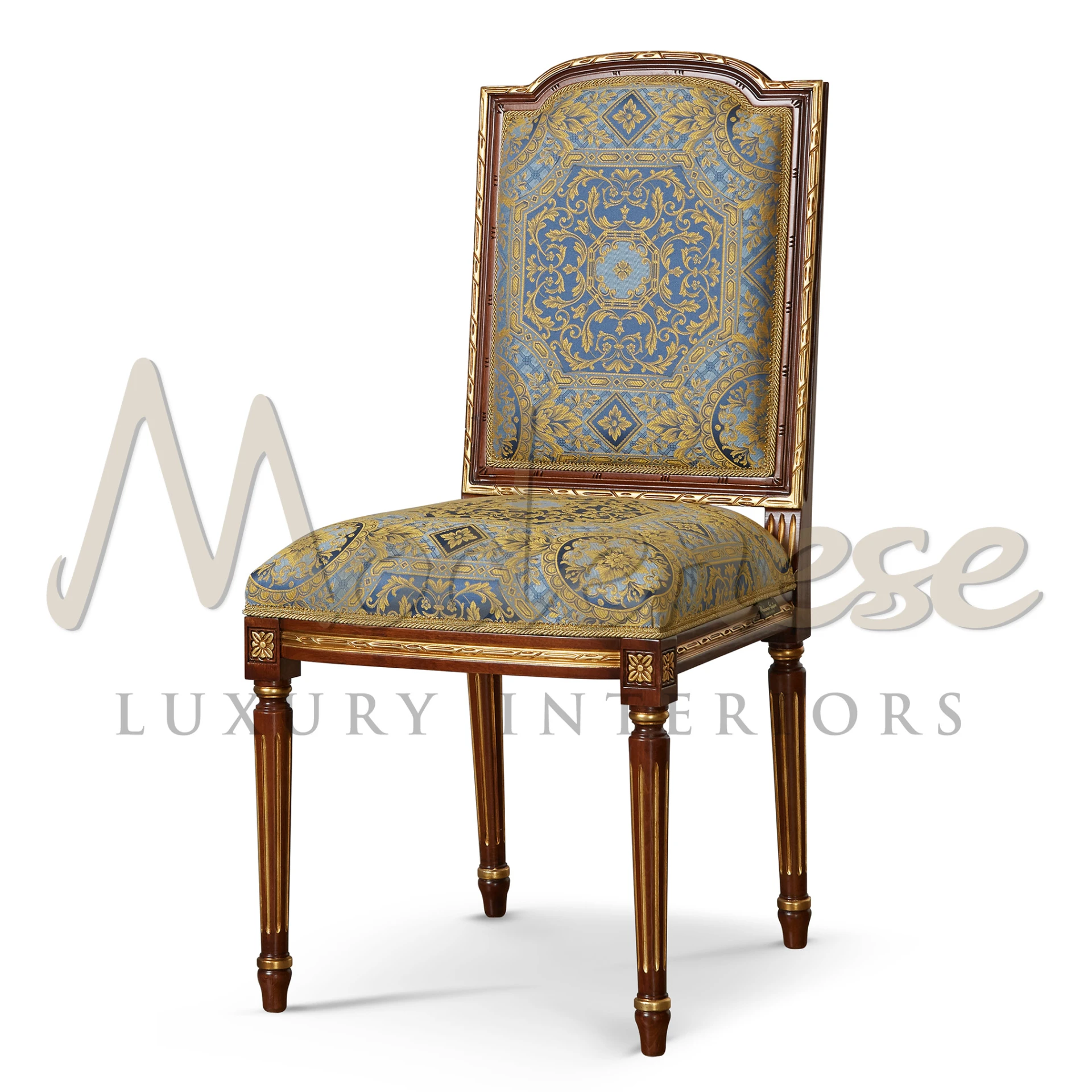 Lavish carved walnut Baroque-style chair by Modenese with fancy fabric design
