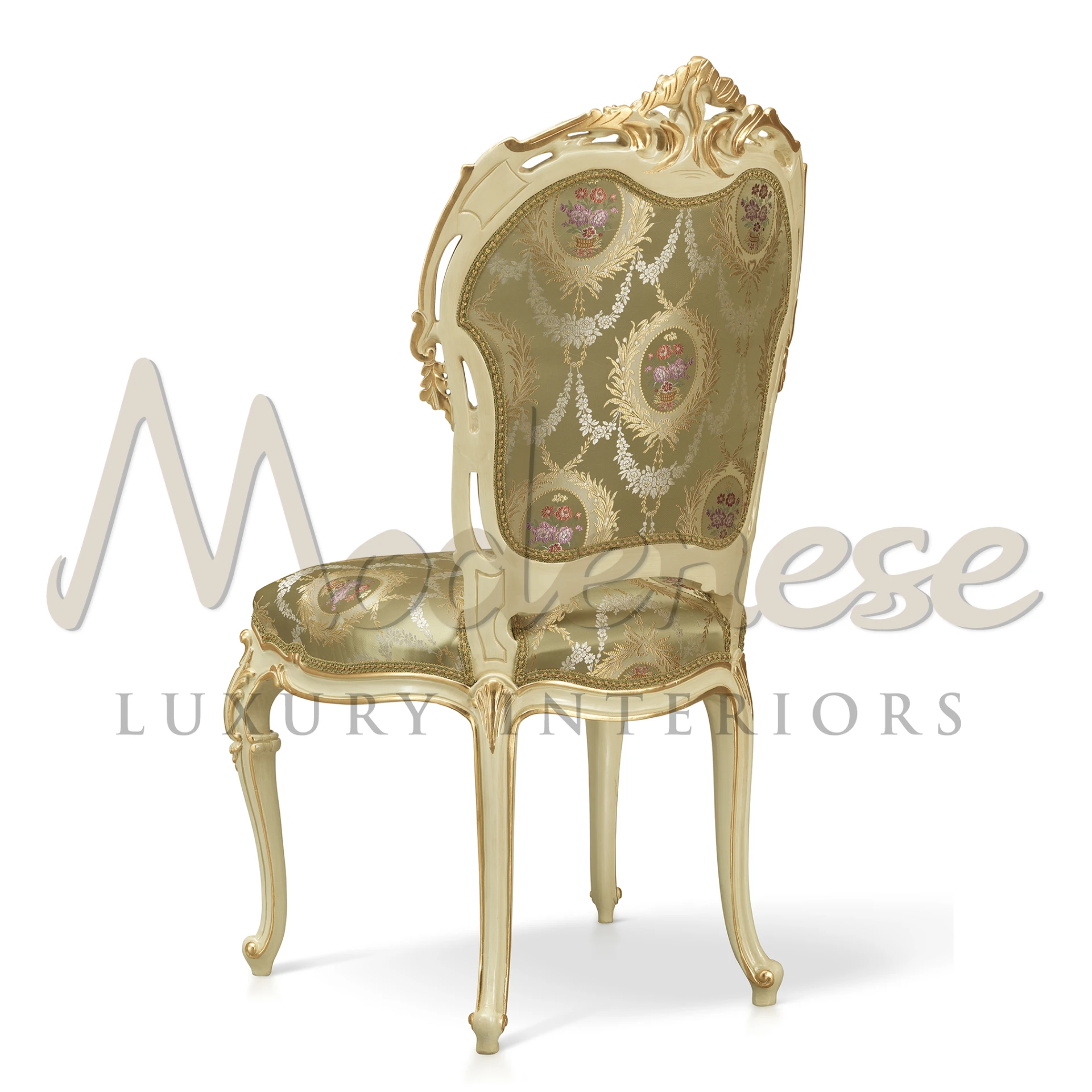 Italian Upholstered chair handcrafted with gold details on olive green fabric.