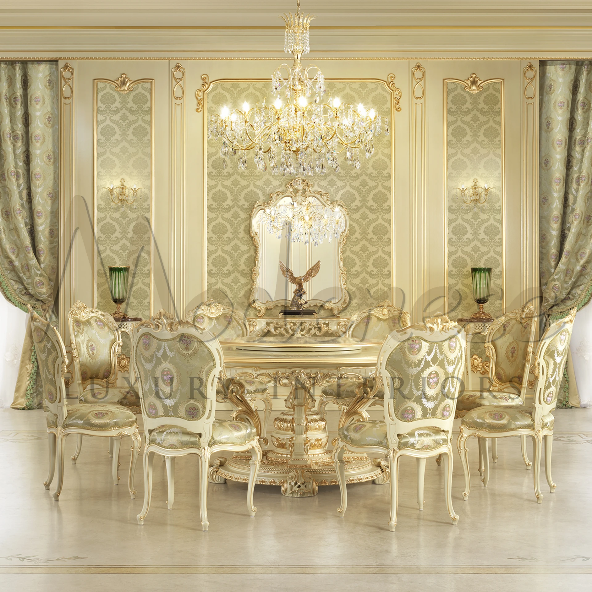 Modern dining table with Marble top, carved wood base and white tablecloth.