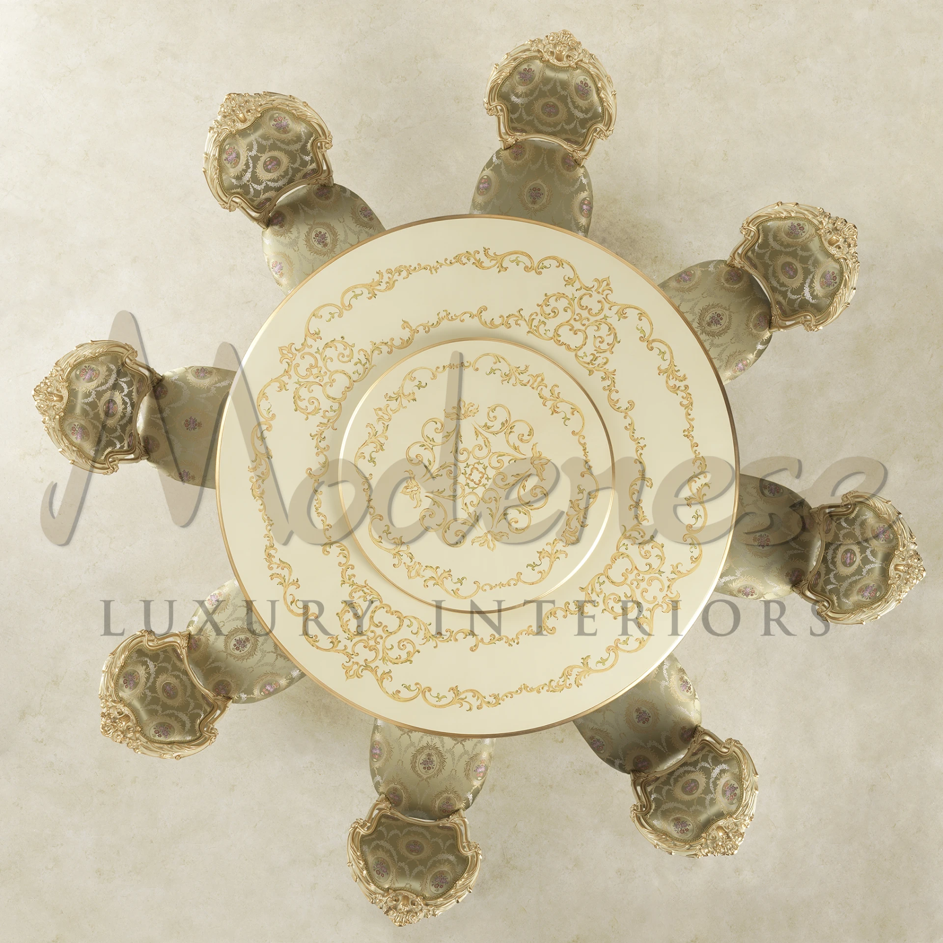 A round table with Italian Upholstered Chair Set with olive green fabric with golden touch.