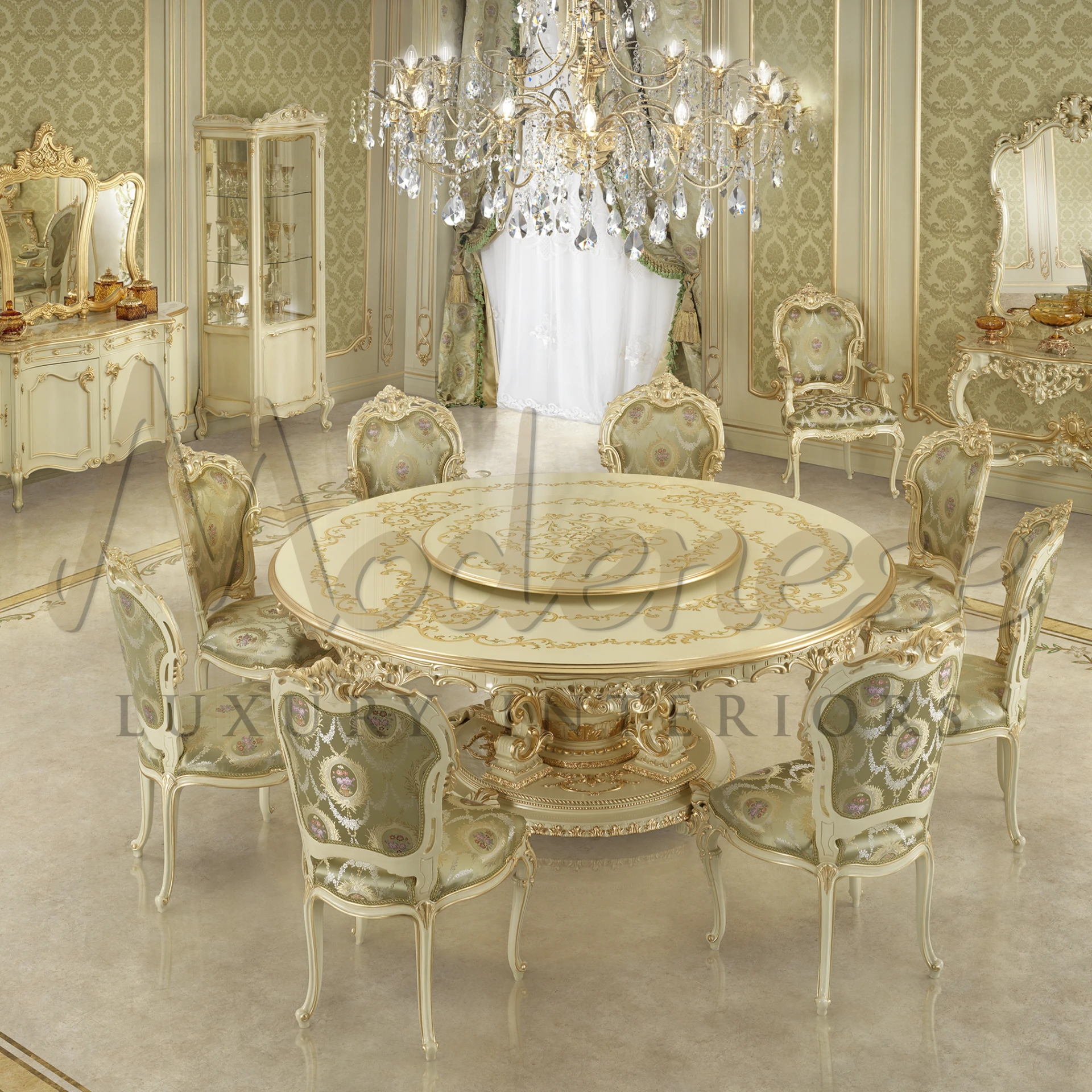 Luxury dining furniture with Modern dresser with olive green and golden finishing.