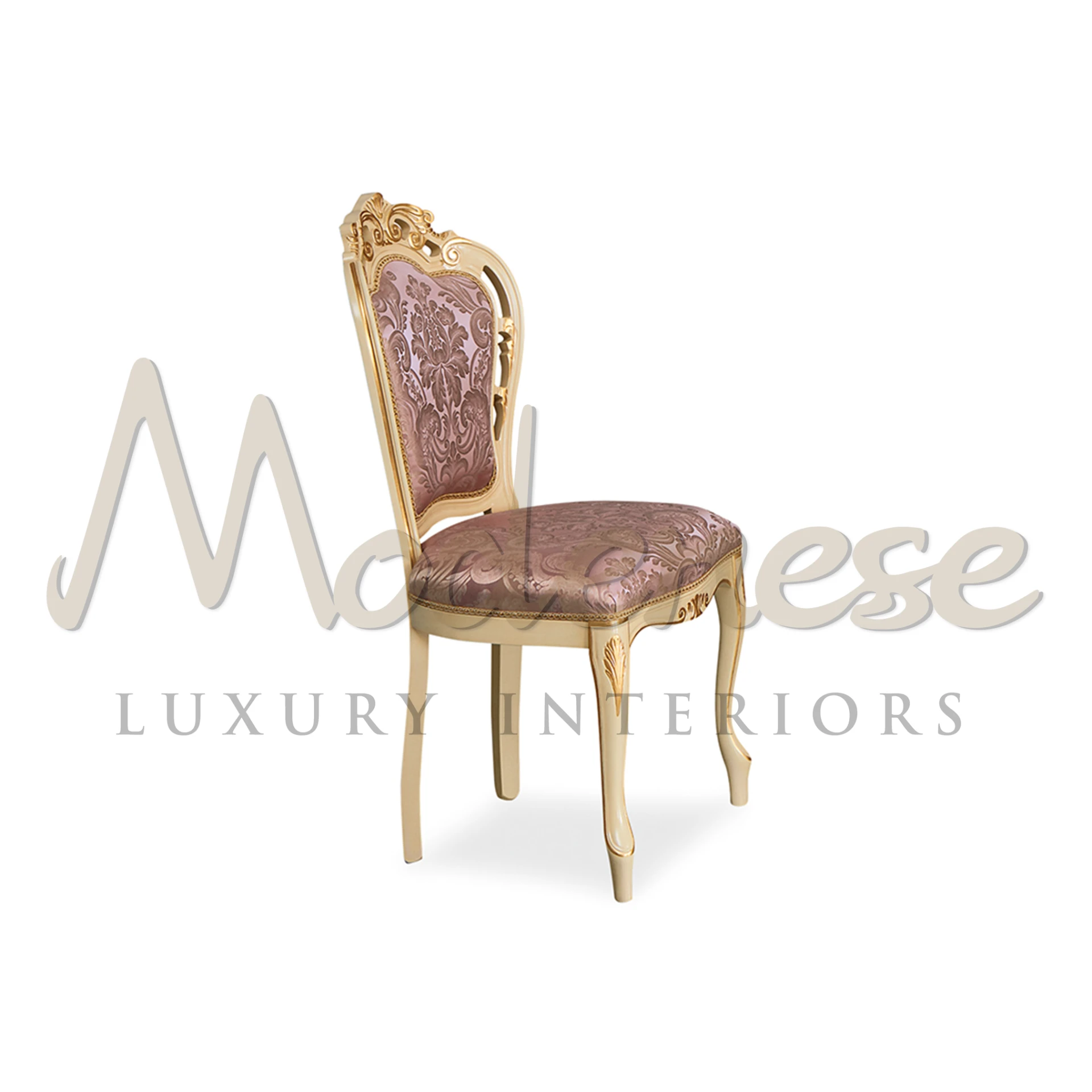 Stylish pink fabric chair with intricate design and golden details.