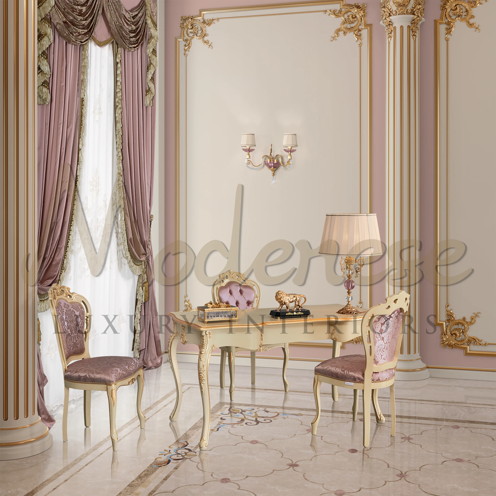 Modern fancy room with luxurious dining furniture and intricate design details.