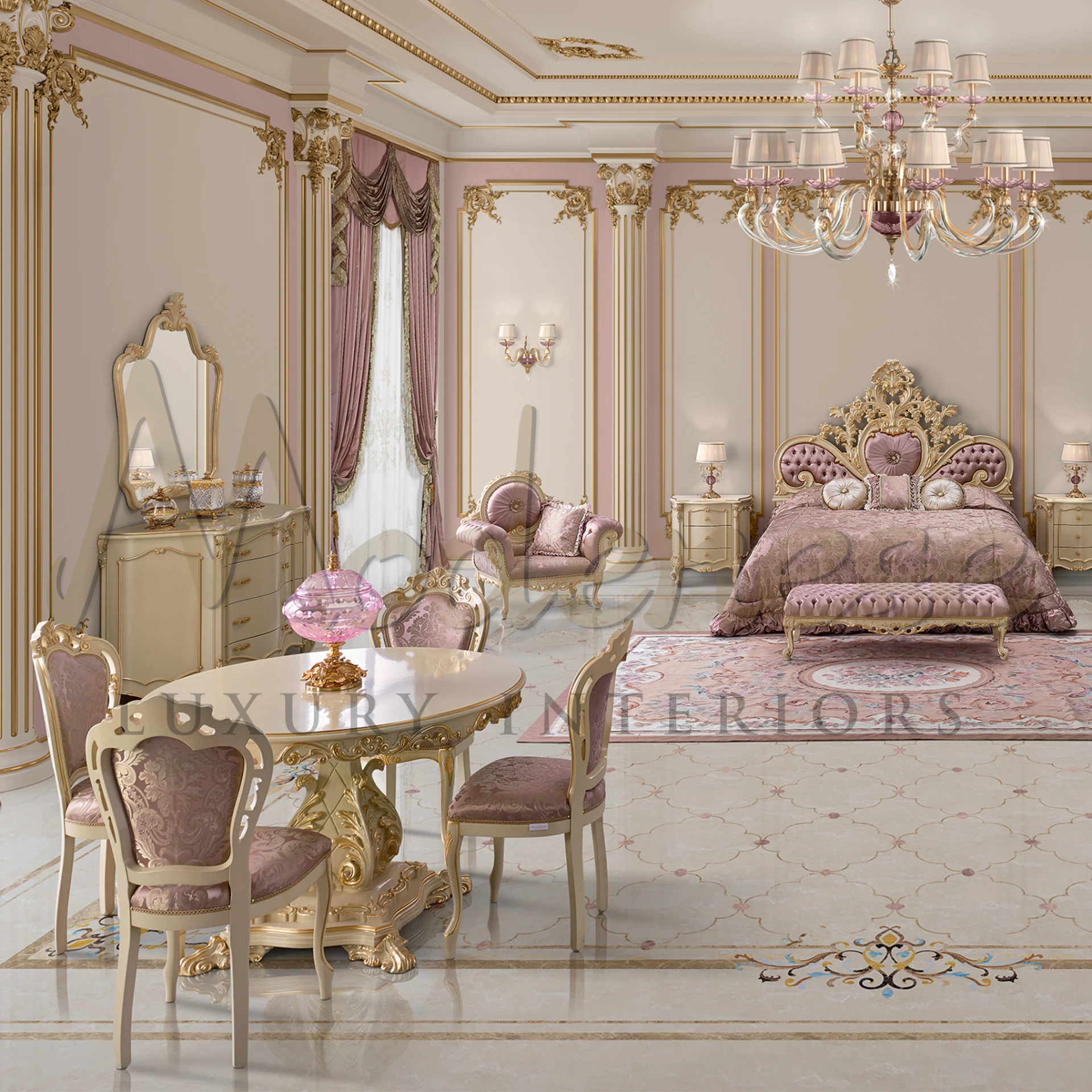 Luxurious bedroom with light pink and golden fabric accents and fancy decor.