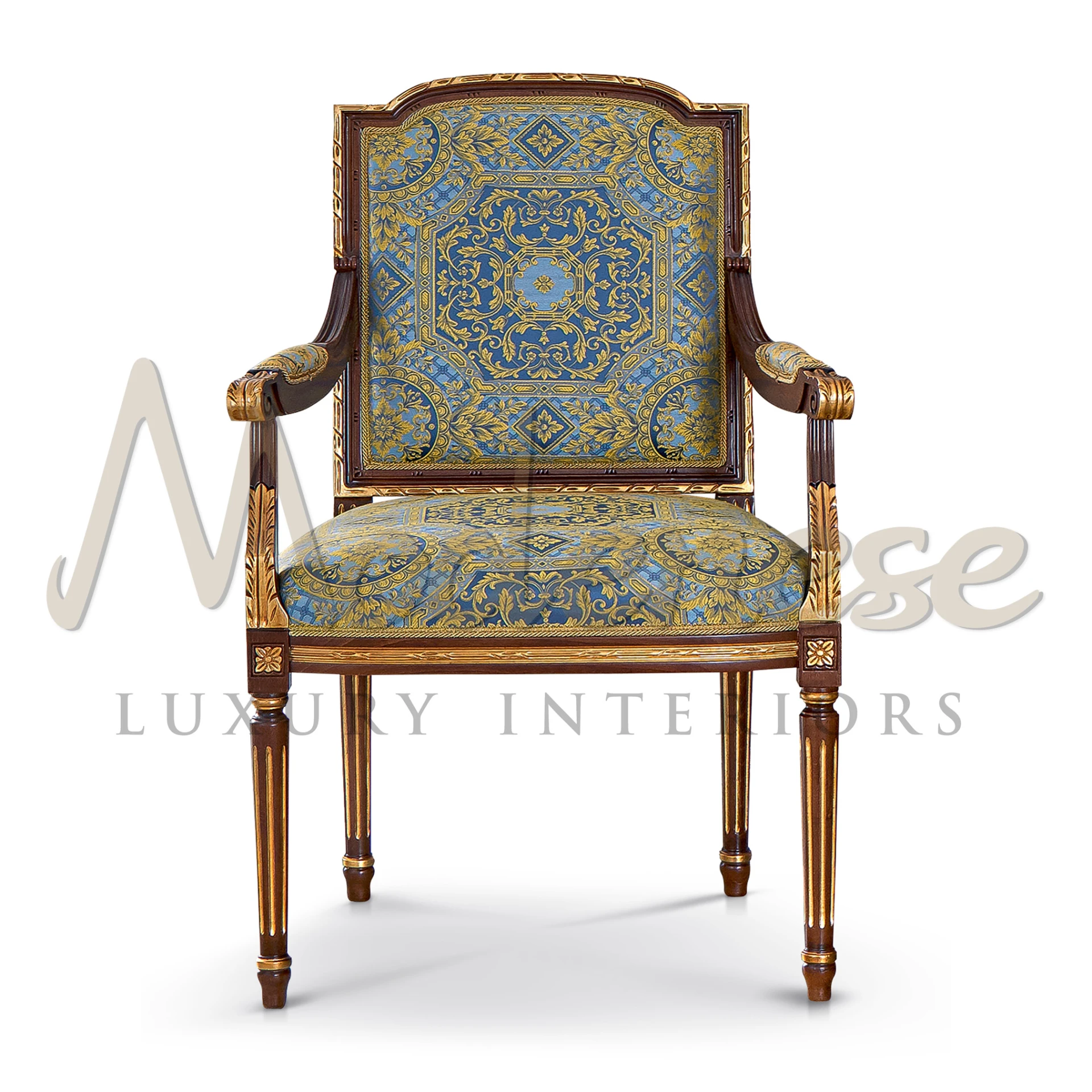 Luxurious baroque chair with natural walnut wood and gold leaf tone.