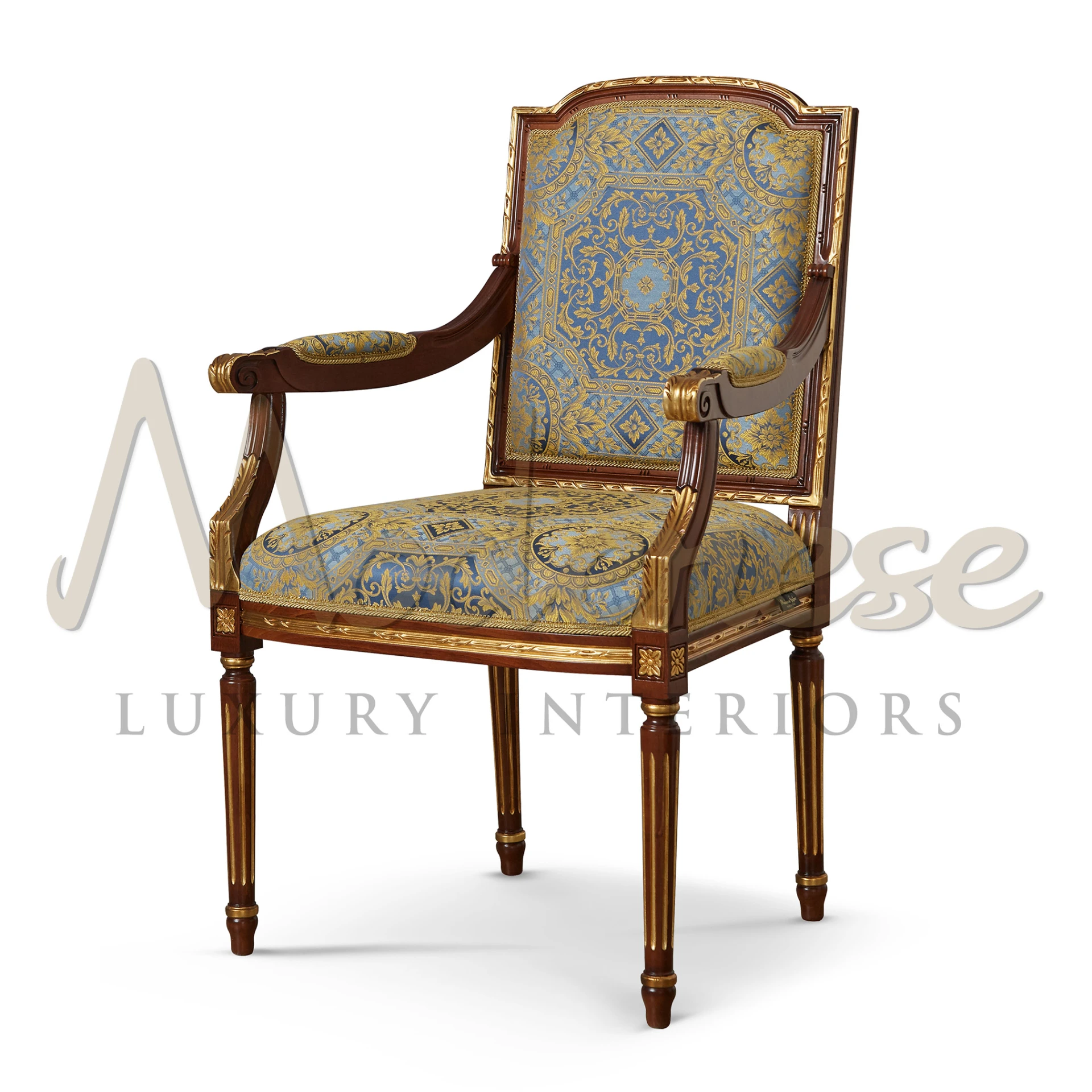 Handmade baroque chair with armrest, walnut wood and gold leaf finish.