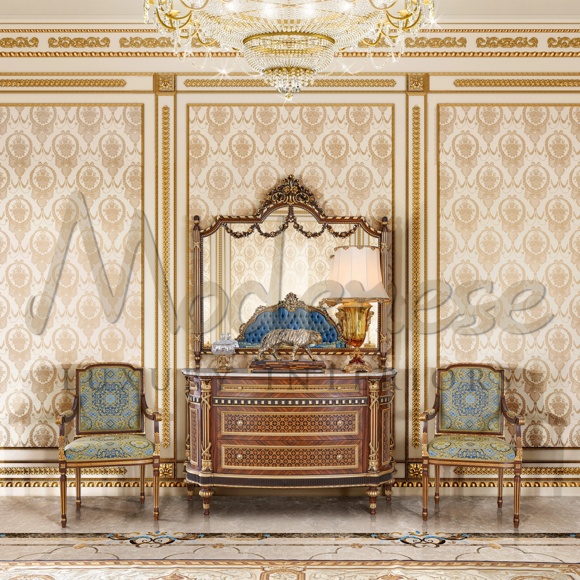 Italian designed handmade baroque chairs with armrest with a cabinet and golden accents.