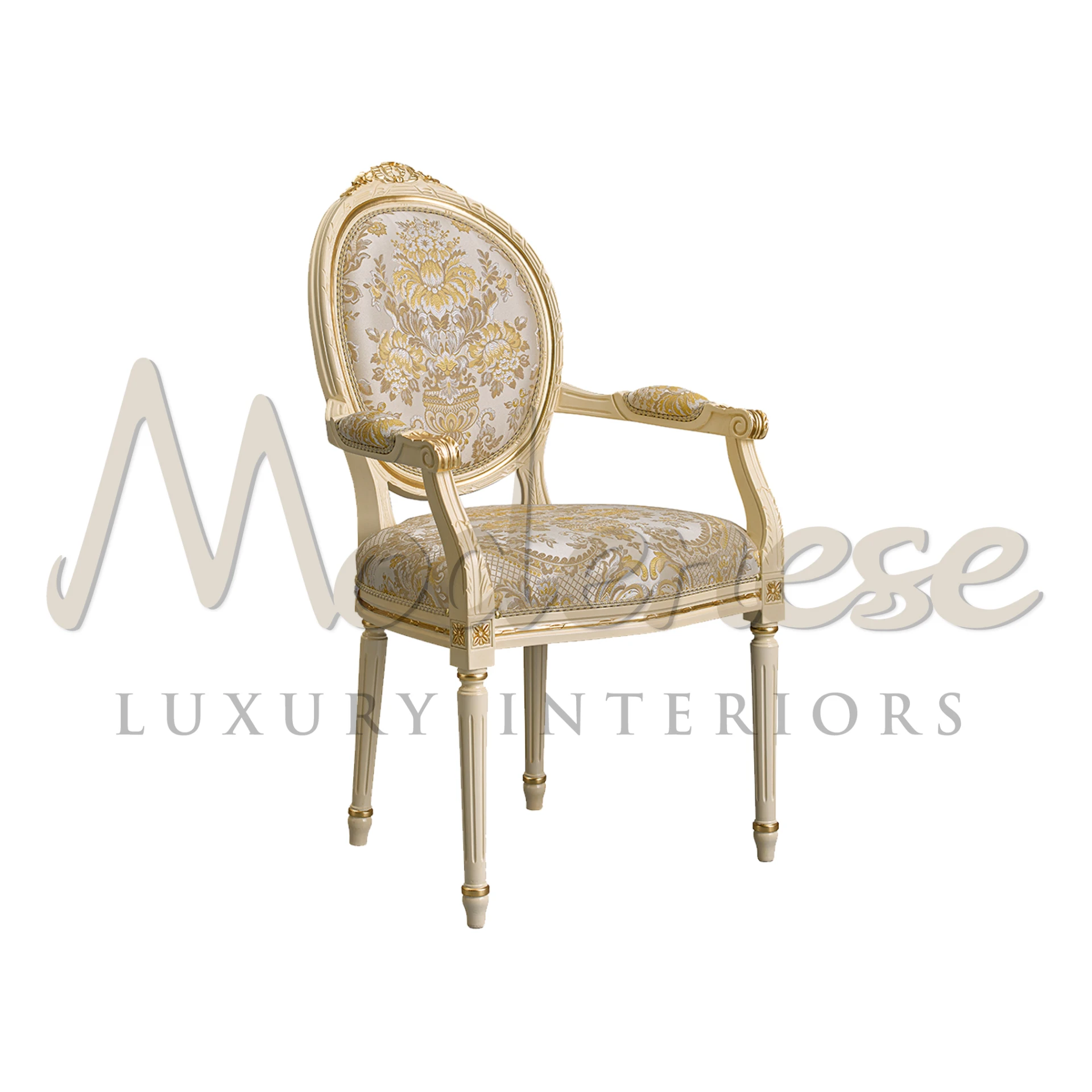 Hand Painted creme chair with elegant armrests and fancy floral patterns.