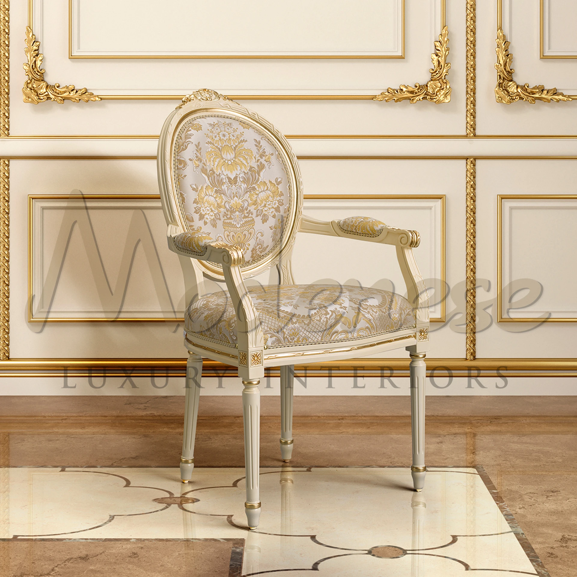 Luxurious chair with floral designs in an elegant golden color room.
