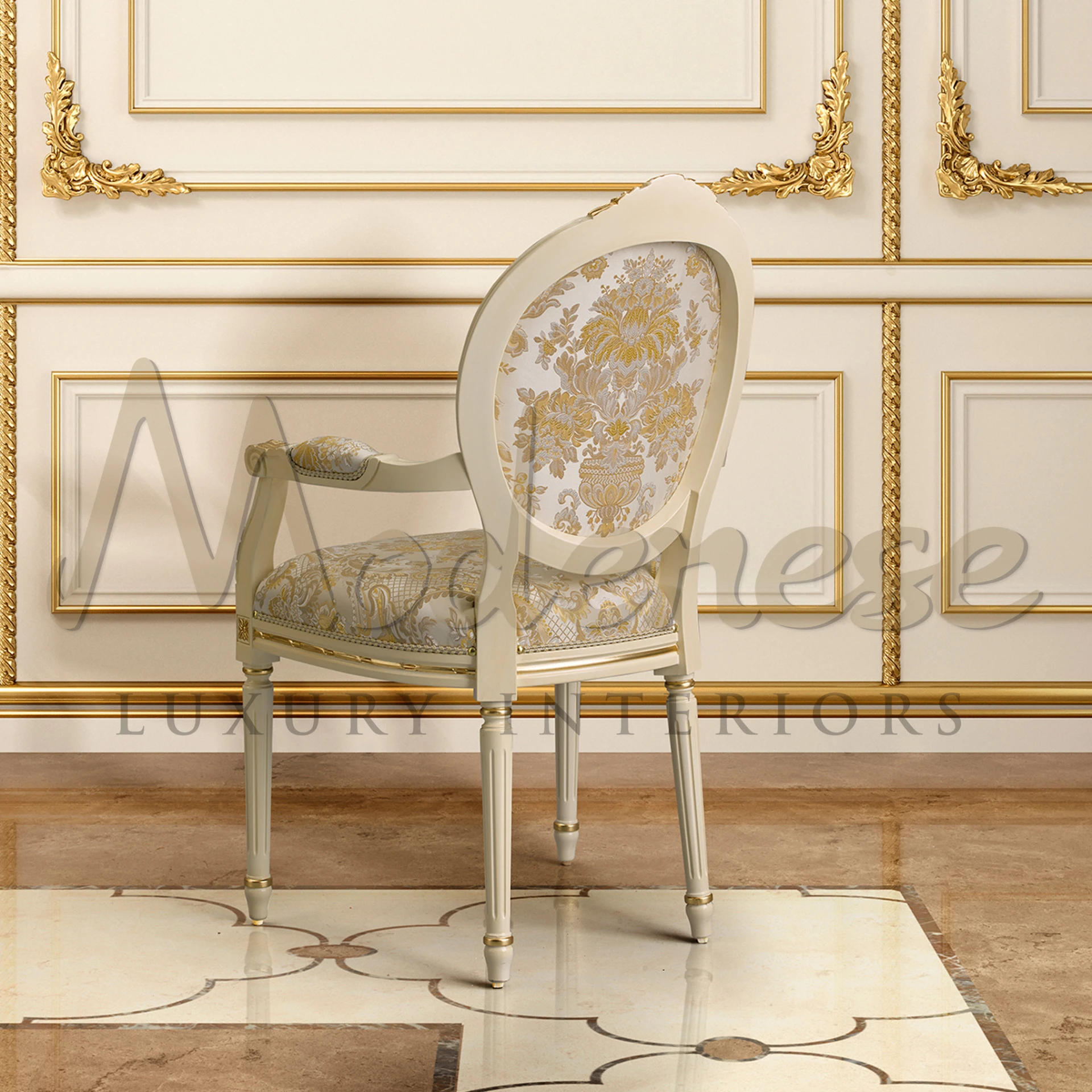 Classical creme furniture chair with floral design in a fancy decorated room.