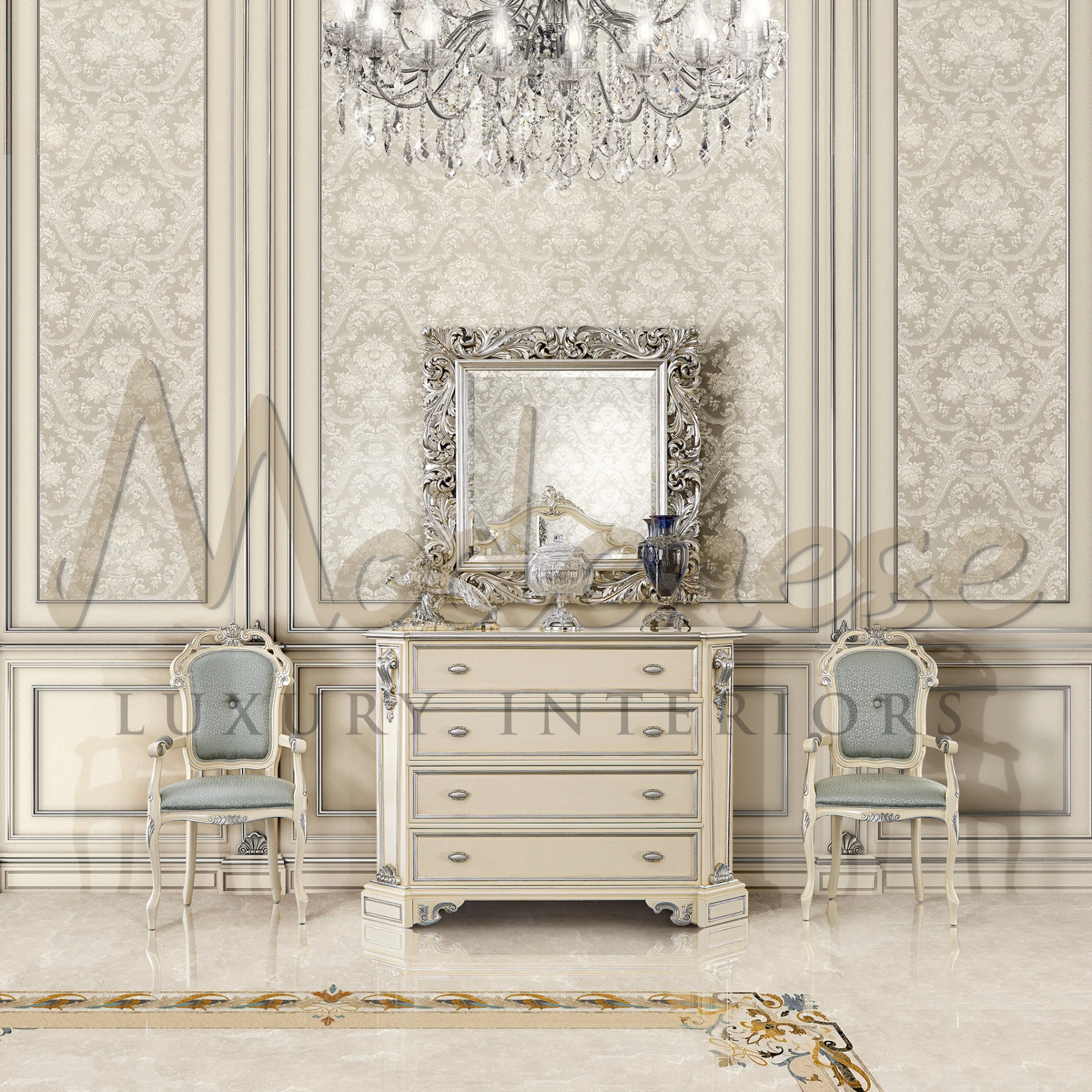 Fancy dresser setup with classic Victorian chairs and ornamental mirror in a luxurious room.
