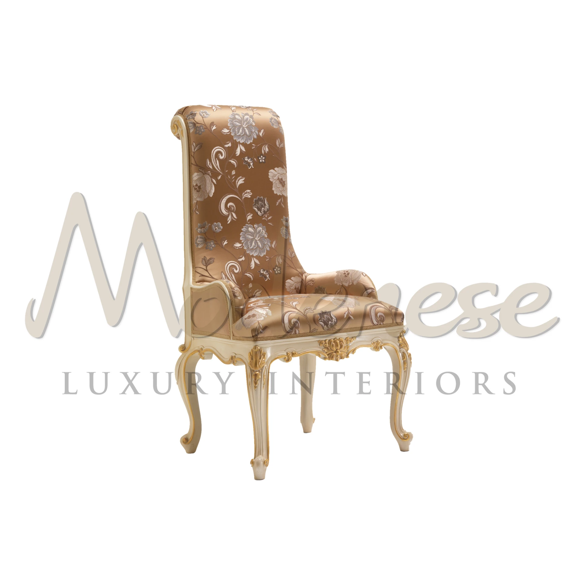 Finely hand carved Italian chair with armrests with Ivory lacquered finishing and gold leaf details