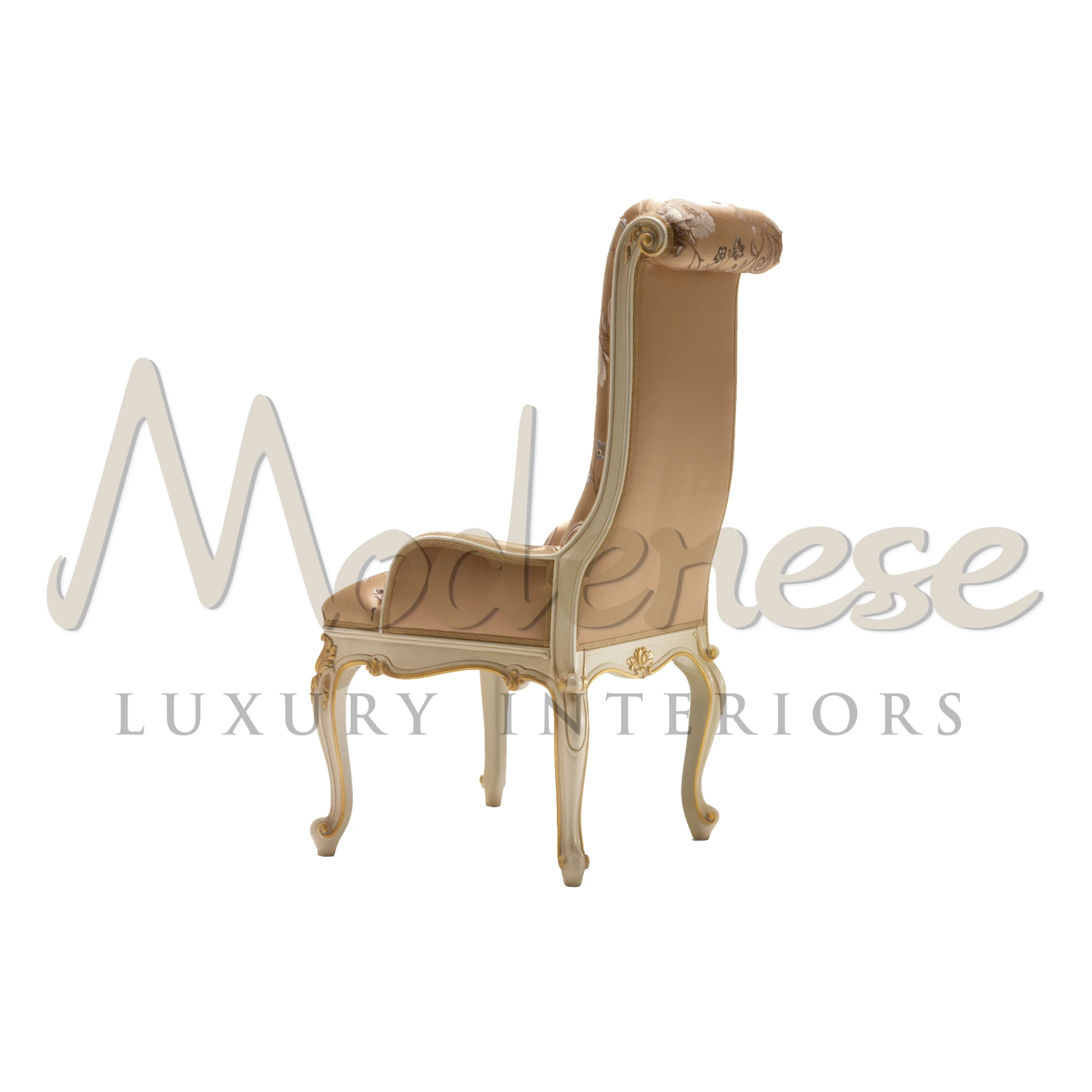Fancy hand carved chair with armrests, blending art and comfort.